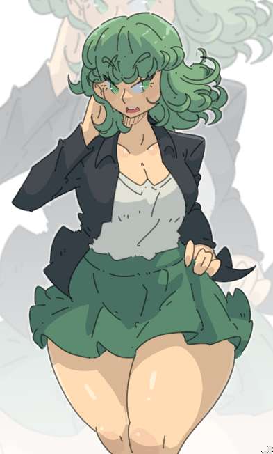 alternate breast size, breasts, cleavage, female, female focus, female only, fully clothed, green eyes, green hair, leedraw11, one-punch man, skirt, tatsumaki, thick thighs