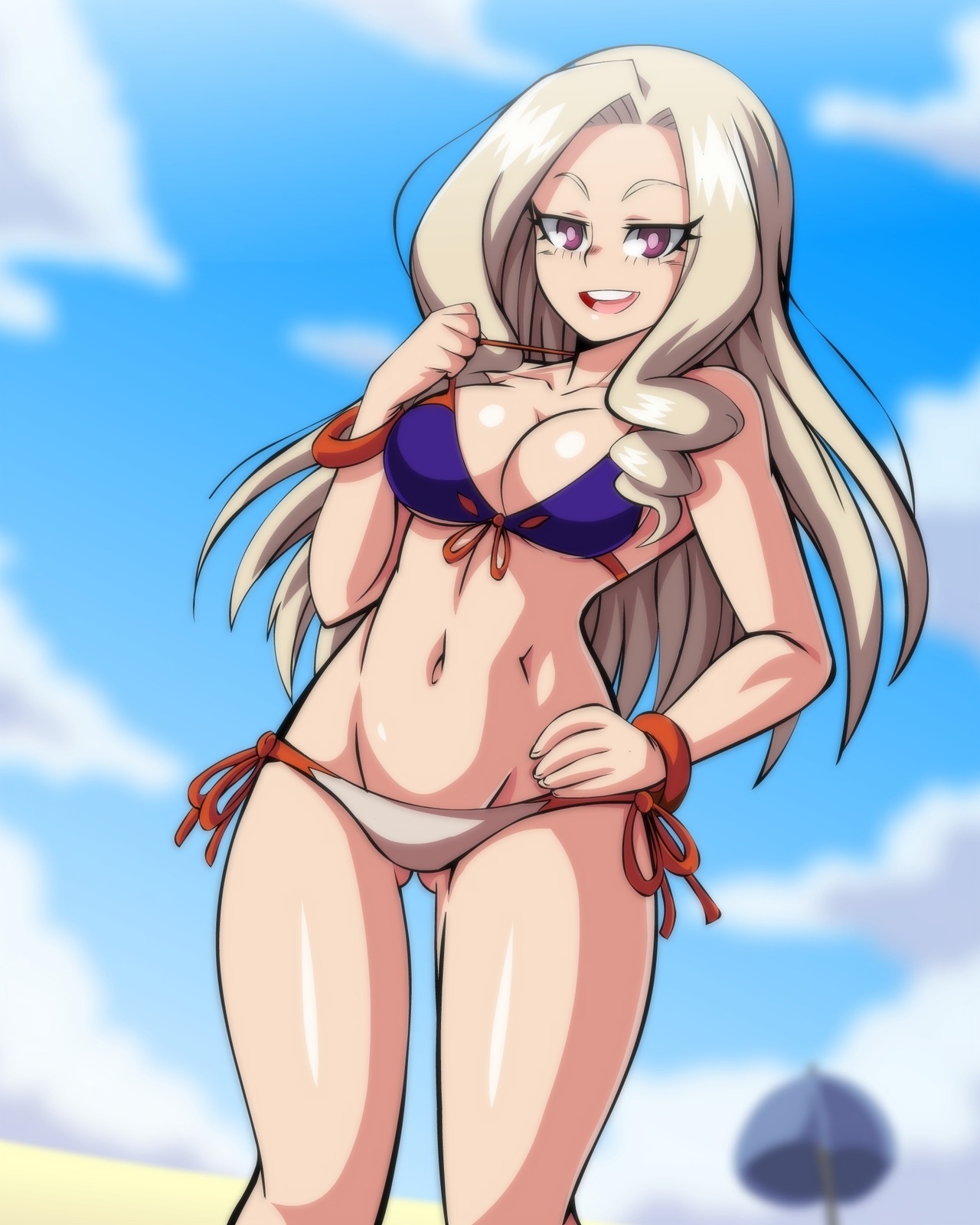 1girls, beach, bikini, blonde hair, blonde-haired female, female, female only, hourglass figure, lewdamone, linea alba, looking at viewer, mount lady, my hero academia, simple background, solo, swimsuit, yuu takeyama