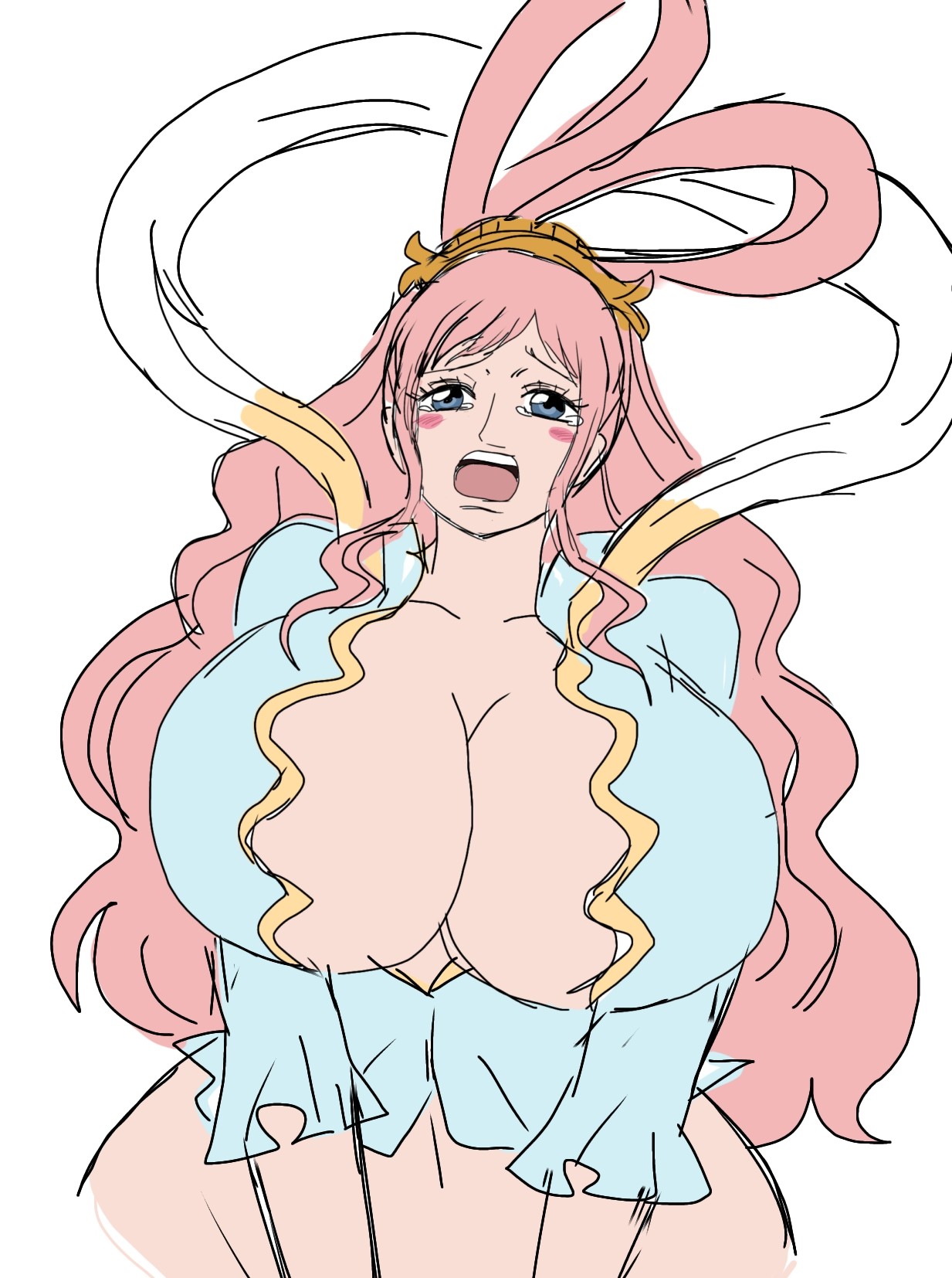 1girls, 2d, 2d (artwork), 2d artwork, alternate body type, alternate breast size, big breasts, breasts, breasts bigger than head, busty, busty female, crying, crying with eyes open, curvy, curvy body, curvy female, curvy figure, digital drawing (artwork), digital media (artwork), female, female focus, female only, giant female, giantess, huge breasts, large breasts, long hair, long-haired female, mature, mature woman, merfolk, mermaid, mermaid girl, momiji (artist), navel, one piece, open mouth, pink hair, pink-haired female, princess, shirahoshi, simple background, solo, solo female, solo focus, tears, tears in eyes, upper body, white background