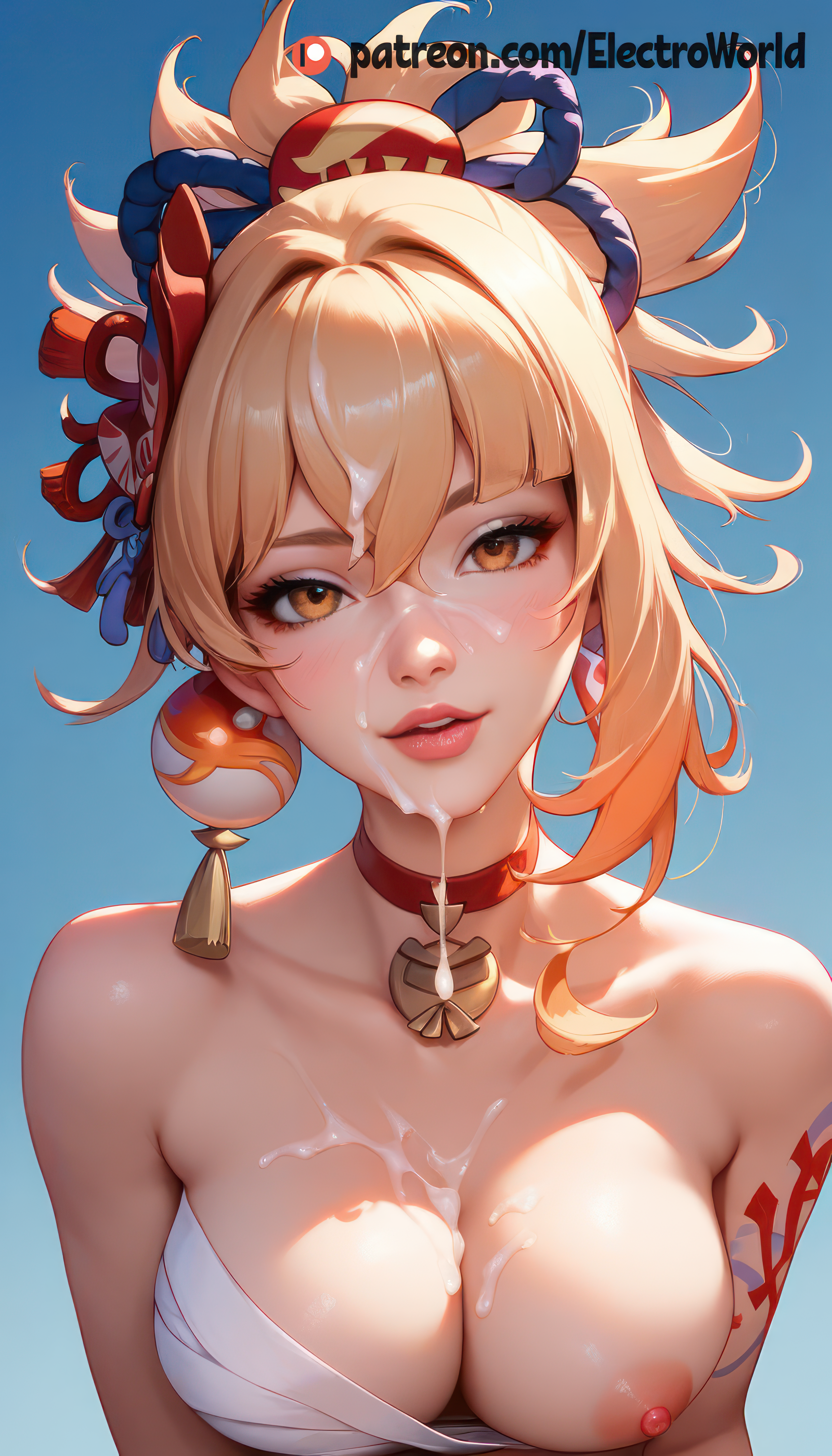 ai generated, breasts, bukkake, cum, cum on face, cum on hair, electroworld, female, genshin impact, leaking cum, spermbreasts, yoimiya (genshin impact)