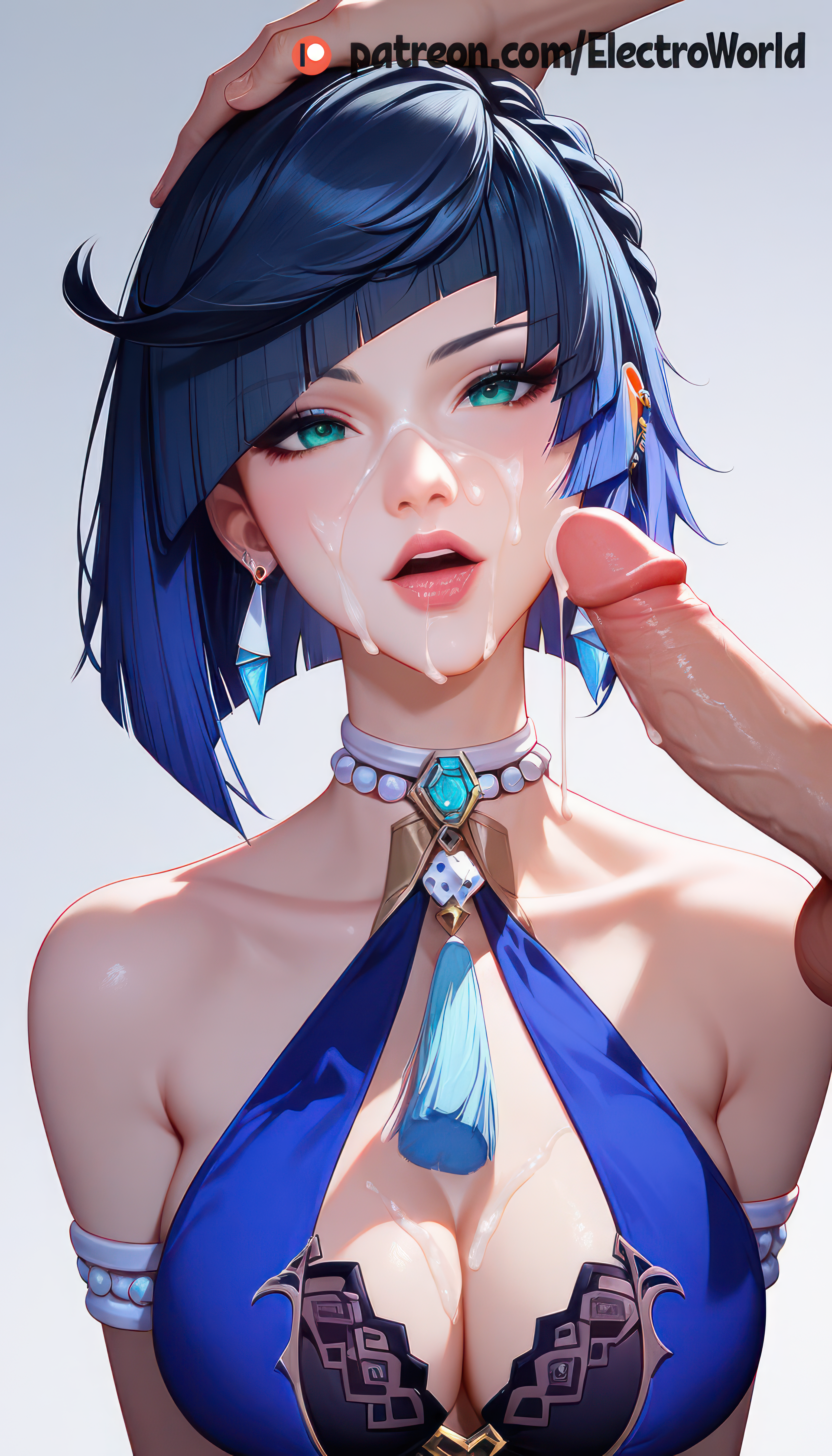 ai generated, breasts, bukkake, cum, cum on face, electroworld, female, genshin impact, leaking cum, spermbreasts, yelan (genshin impact)