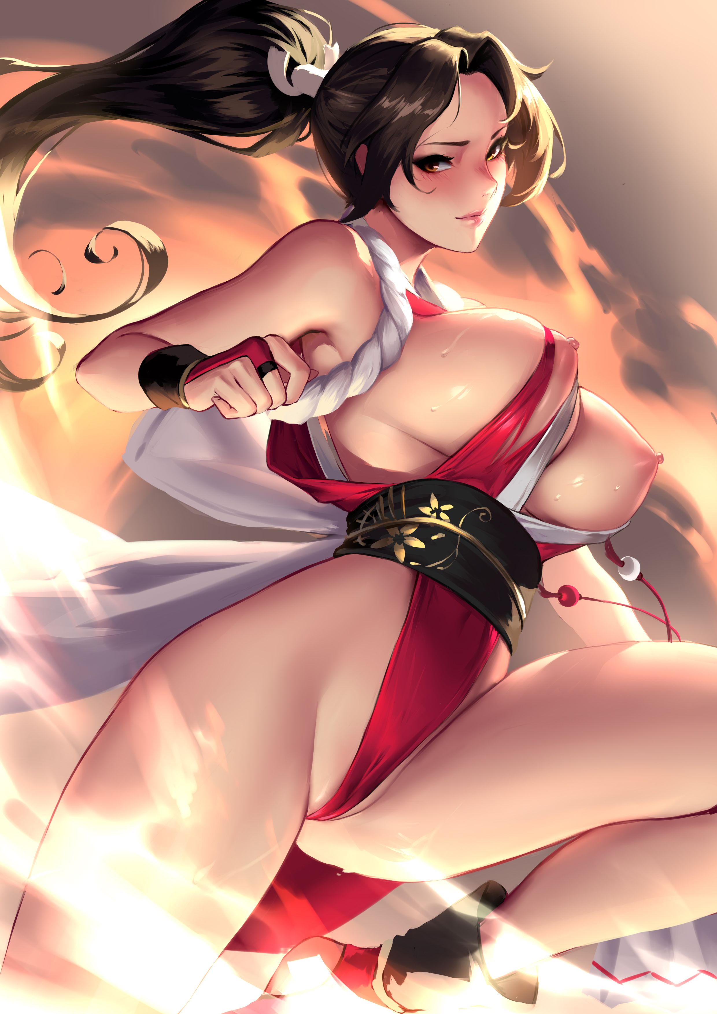 absurdres, areolae, big breasts, breasts, cianyo, fatal fury, female, female only, highres, king of fighters, large breasts, mai shiranui, nipples, solo, spread legs