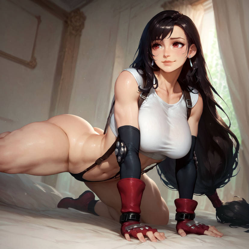 ai_generated ass bazoombasakimbo big_ass dark_hair female final_fantasy final_fantasy_vii huge_ass large_ass large_breasts light-skinned_female light_skin long_hair smile solo solo_female thick_thighs tifa_lockhart voluptuous voluptuous_female