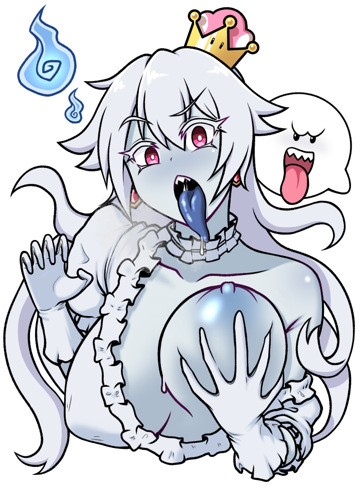 1girls, 1other, ambiguous gender, areolae, big breasts, blue tongue, boo (mario), boosette, breast grab, breast hold, breasts, bulge, clothing, crown, dress, earrings, elbow gloves, eron (artist), female, female focus, ghost, gloves, grabbing, grabbing breast, grabbing own breast, hair, holding, huge breasts, humanized, large breasts, long hair, looking at viewer, luigi's mansion, mario (series), new super mario bros. u deluxe, nintendo, nipple bulge, nipples, one breast out, open mouth, pink eyes, sharp teeth, simple background, solo focus, super crown, teeth, tongue, tongue out, transformation, video games, white background, white gloves, white hair, white skin