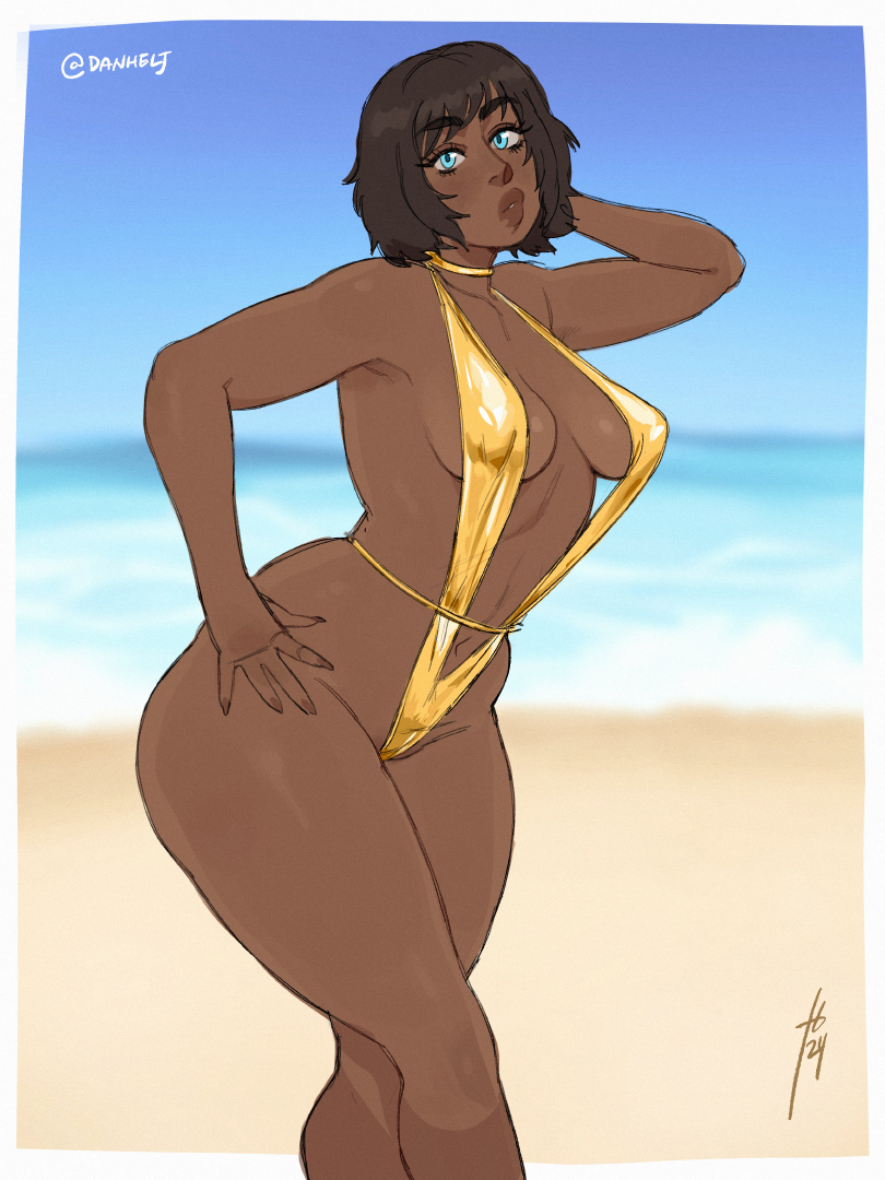 1girls artist_name big_breasts brown_hair danhelj dark-skinned_female dark_skin female female_focus female_only original_character sling_bikini solo solo_female thick_thighs wide_hips