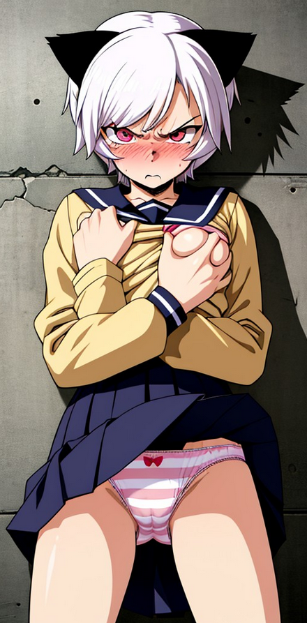 ai_generated angry blush breast_grab cat_ears covering_breasts embarrassed flat_chest glaring panties pink_eyes seifuku short_hair small_breasts striped_panties tomboy tsundere upskirt white_hair wind_lift