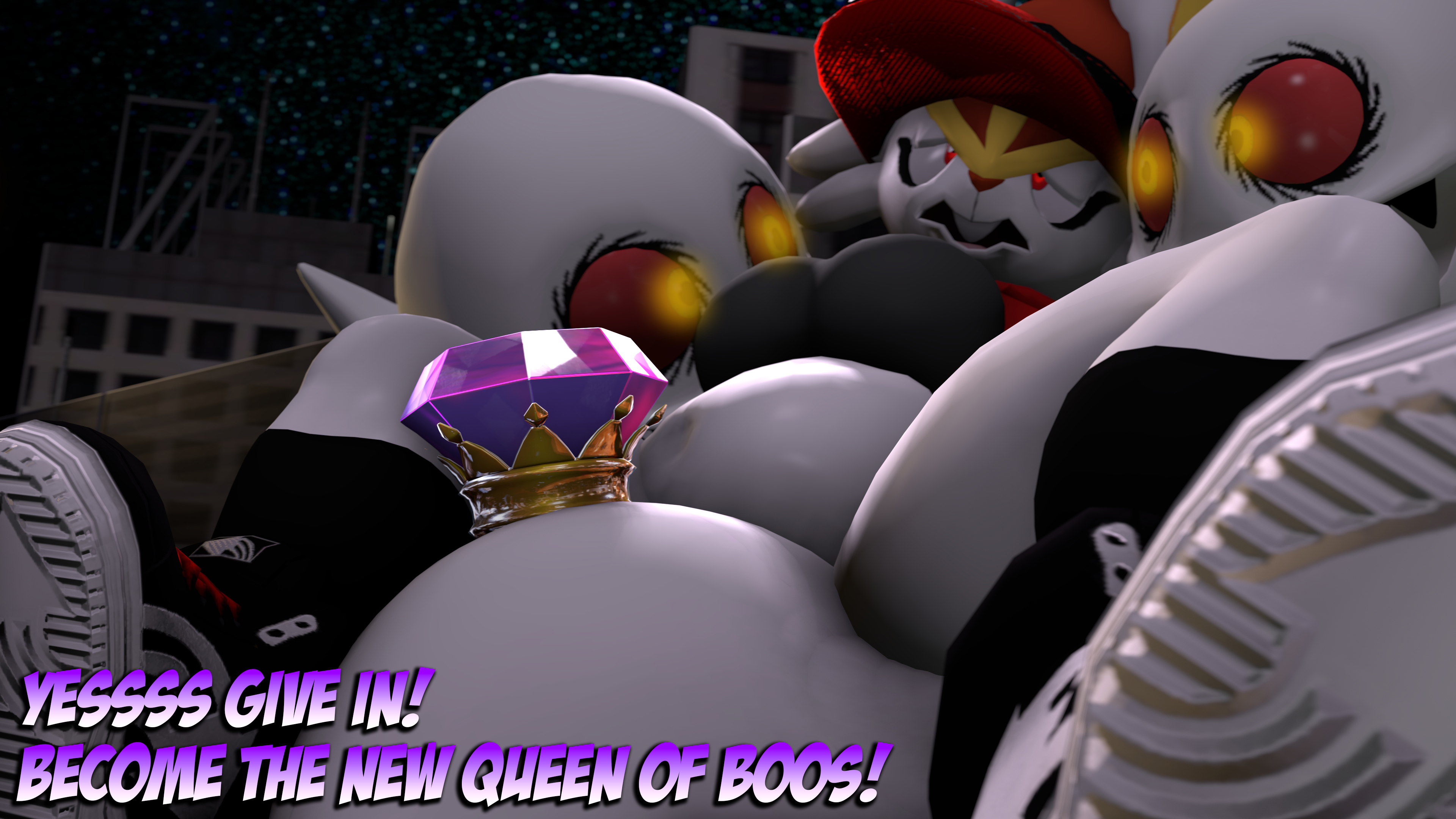 3d, 3d (artwork), anal sex, anal vore, assisted sex, belly inflation, big belly, big breasts, big bulge, big butt, body invasion, boo (mario), boom boo (sonic), bra, breasts, bunny, bunny girl, carla (jasper), cinderace, city, city background, cityscape, cleavage, cross eyed, dubious consent, female, female/male, fit, fit female, forced, furchev, ghost, glowing eyes, gym shorts, hat, image set, jacket, king boo, male, male/female, mario (series), moon, night, night sky, nighttime, oc, pokemon, pokemon (species), possession, purple eyes, red eyes, rooftop, sfm, shorts, sneakers, source filmmaker, tight bra, vore, white fur