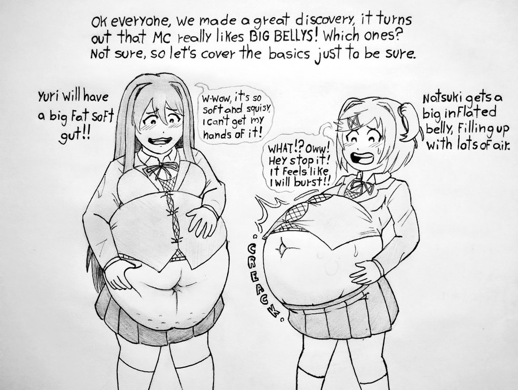 2girls about_to_burst about_to_explode belly_bulge belly_expansion belly_inflation big_belly bloated_belly blush cellulite chubby doki_doki_literature_club fat female inflation inflation_fetish multiple_girls natsuki_(doki_doki_literature_club) navel reality_warping ronic_lagann text wardrobe_malfunction weight_gain worried yuri_(doki_doki_literature_club)