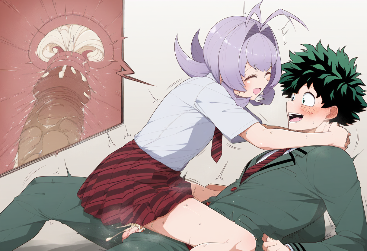 1boy, 1other, ai generated, ambiguous gender, androgynous, boku no hero academia, cum, cum in pussy, cum in uterus, cum inside, dreson, female, femboy on male, izuku midoriya, komi-san wa komyushou desu, male, my hero academia, osana najimi, pussy, vaginal penetration, vaginal sex, x-ray