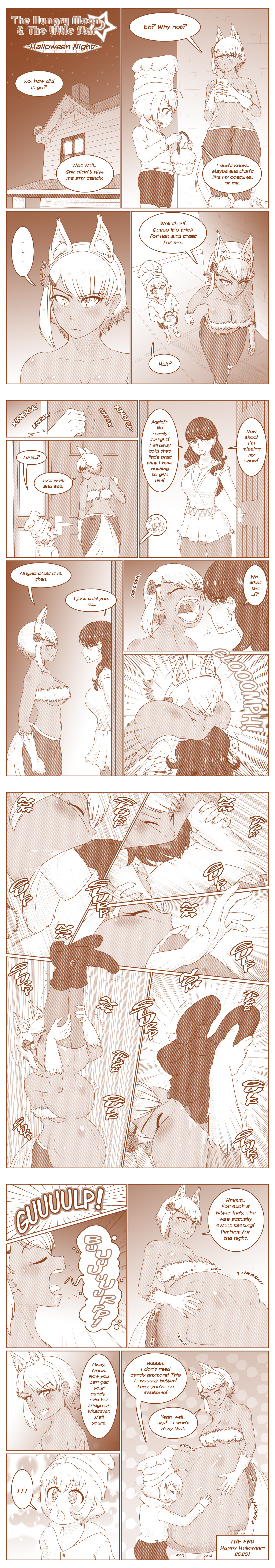 ass, breasts, cleavage, comic, costume, dark skin, female, female focus, female pred, female prey, fox ears, fox tail, malezor, swallowed whole, swallowing, tagme, vore, vore belly, young