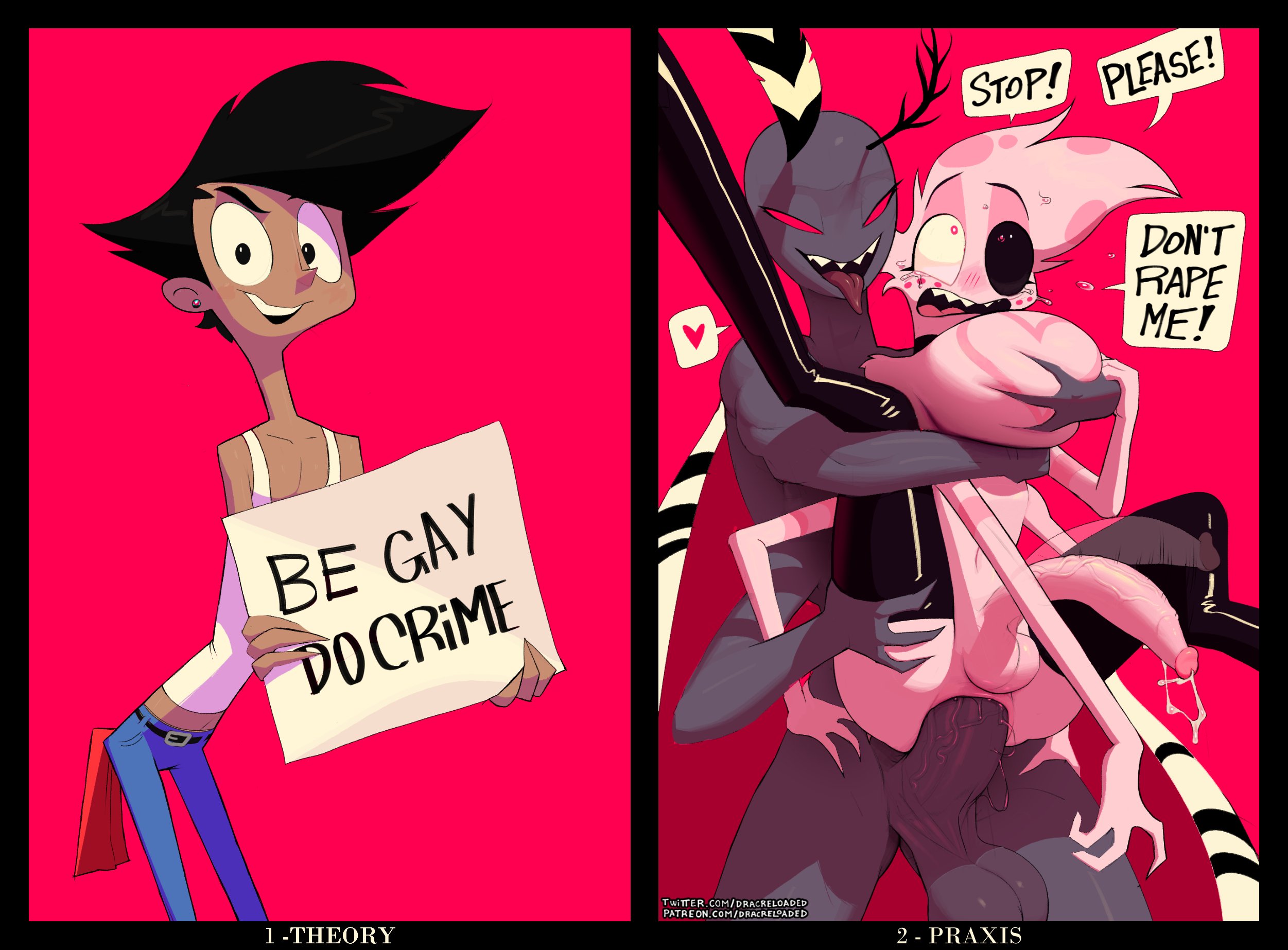 2boys, anal, anal sex, angel dust (hazbin hotel), anthro, before and after, crying, dracreloaded, gay, hazbin hotel, humanized, male, male focus, male only, male penetrated, male penetrating, male/male, rape, valentino (hazbin hotel)