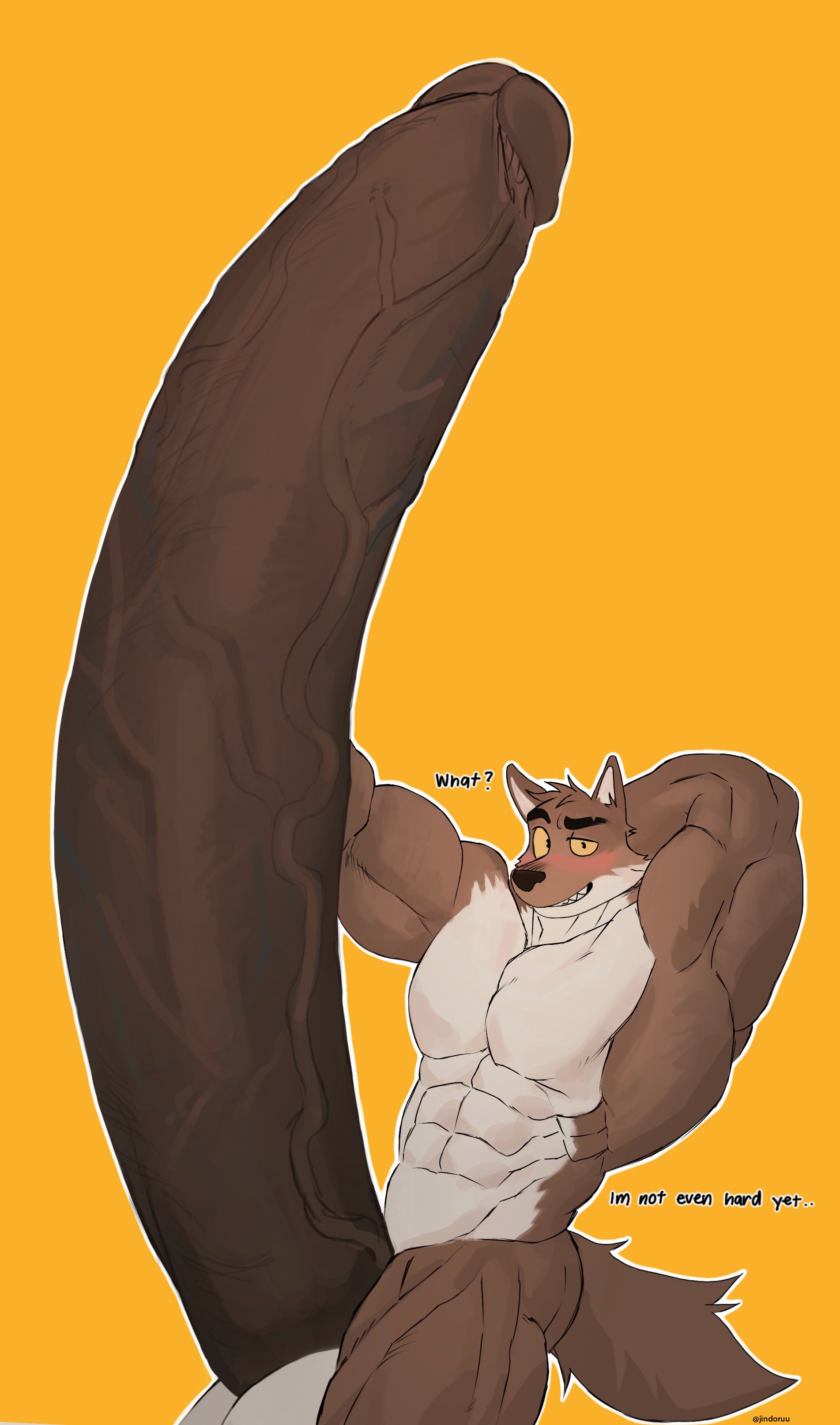 anthro, bodybuilder, canid, canine, furry, hyper, hyper cock, hyper genitalia, hyper penis, jindoruu, male, male only, masturbation, mr. wolf (the bad guys), muscles, muscular, muscular arms, muscular male, penis, the bad guys, throbbing penis, wolf