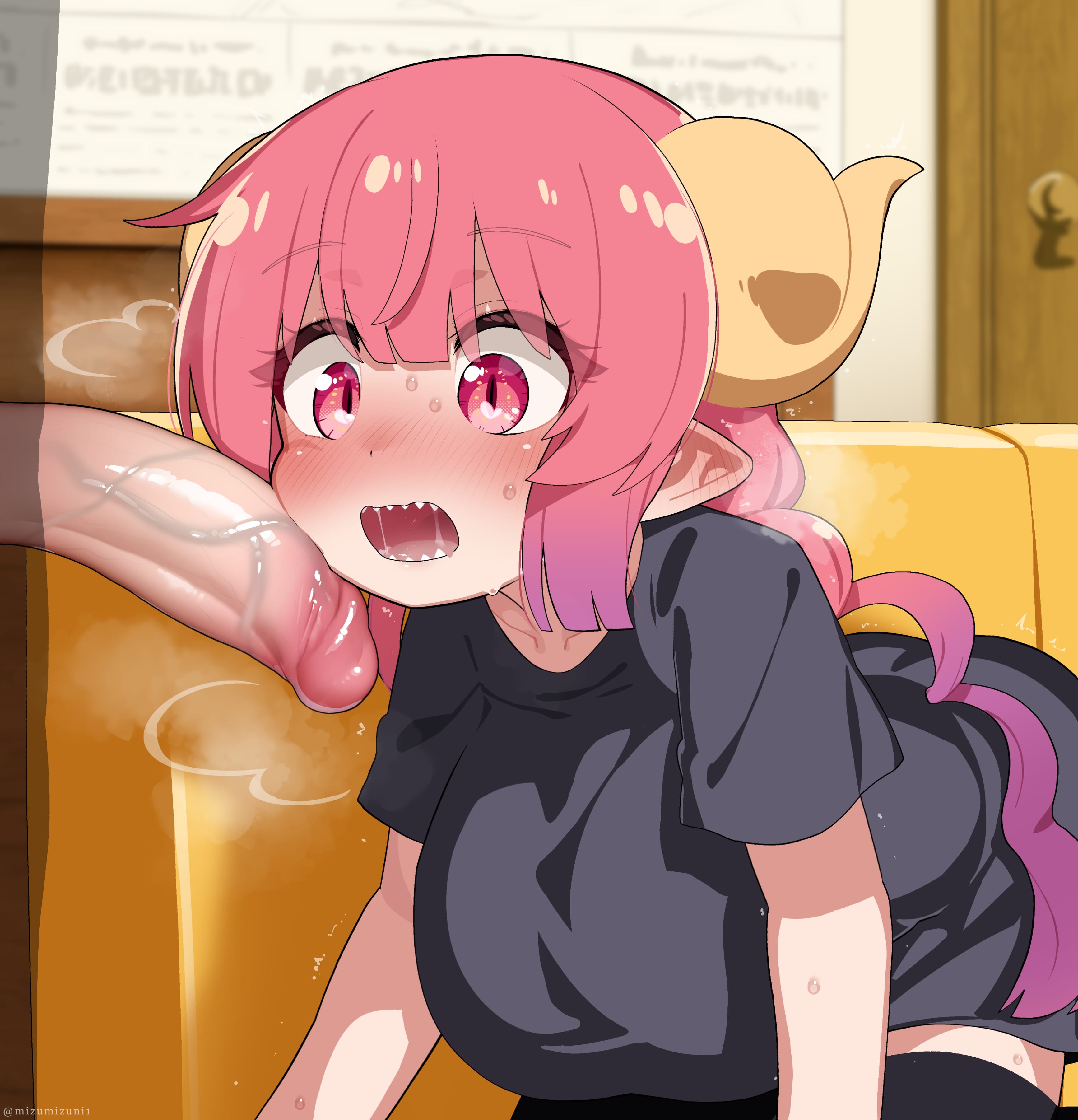 ^^^, 1boy, absurdres, all fours, anime style, black shirt, black thighhighs, blush, breasts, couch, decensored, dragon girl, dragon horns, ear blush, female, gradient hair, heart, heart in eye, heavy breathing, highres, horns, ilulu (dragon maid), ilulu (maidragon), indoors, kobayashi-san chi no maidragon, looking at penis, male, miss kobayashi's dragon maid, mixed-language commentary, mizumizuni, multicolored hair, nose blush, on couch, paid reward available, penis, penis awe, pink eyes, pink hair, pointy ears, purple hair, saliva, shirt, short sleeves, slit pupils, solo focus, straight, sweat, symbol in eye, thighhighs, twintails, uncensored, variant set, veins, veiny penis, yellow horns