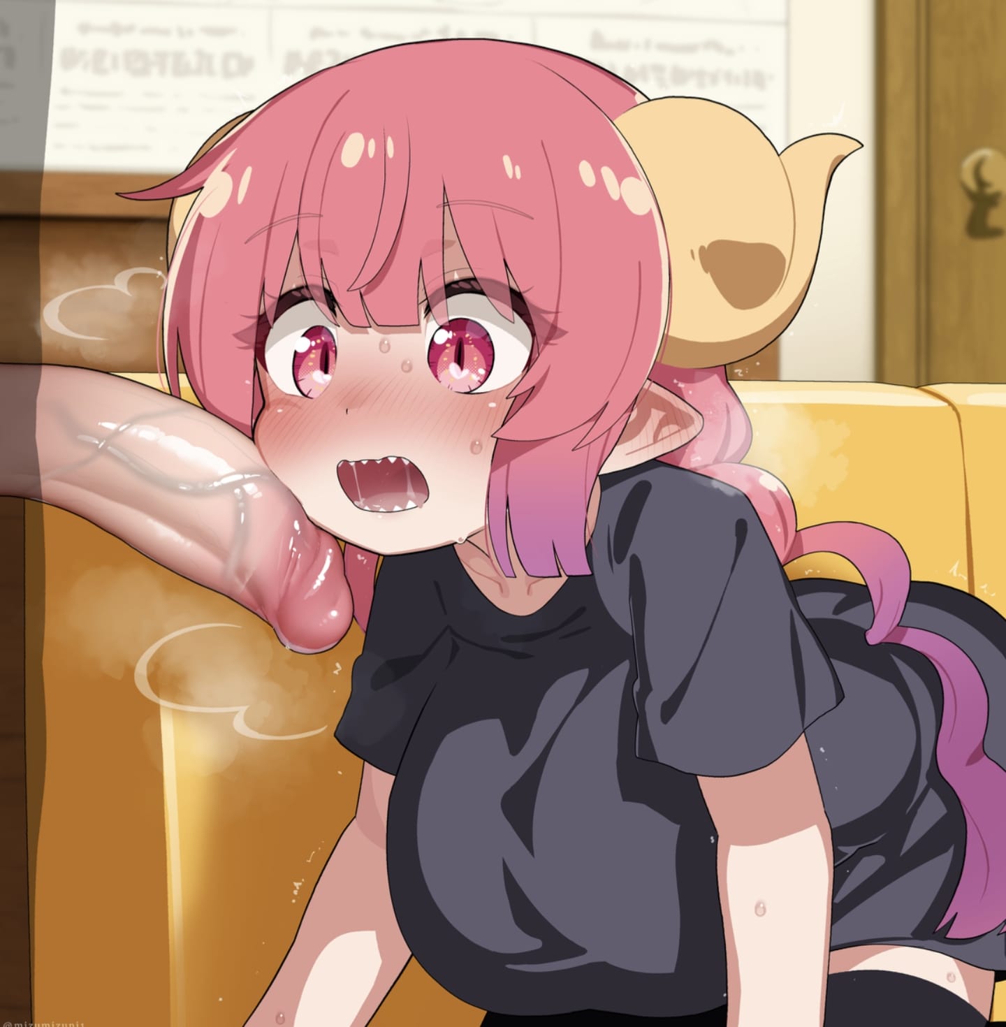 big breasts, blowjob, blush, breasts, decensored, female, horns, ilulu (dragon maid), male, miss kobayashi's dragon maid, mizumizuni, penis, pink eyes, pink hair, pointy ears, sharp teeth, silhouette, sloppy, staring, surprised, sweat, uncensored, veiny penis