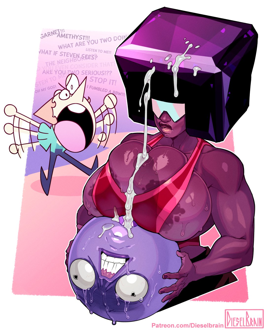 1futa 2girls amethyst_(steven_universe) big big_breasts big_penis boobjob cartoon_network cum cumming dieselbrain ejaculation ejaculation_between_breasts female female_focus futanari garnet_(steven_universe) gem_(species) huge_breasts large_breasts paizuri pearl_(steven_universe) silly_face steven_universe sweat swimsuit titfuck titjob