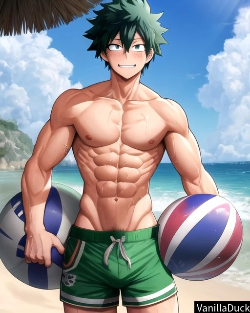 1boy abs ai_generated beach beach_ball biceps blush boku_no_hero_academia buff bulge chest clouds deku green_hair happy izuku_midoriya male male_only muscle muscle_tone muscles muscular muscular_arms muscular_legs muscular_male muscular_thighs my_hero_academia nipples ocean pecs sea seaside shorts six_pack sky solo solo_focus solo_male strong sweat sweatdrop sweating sweaty sweaty_body vanilladuck water