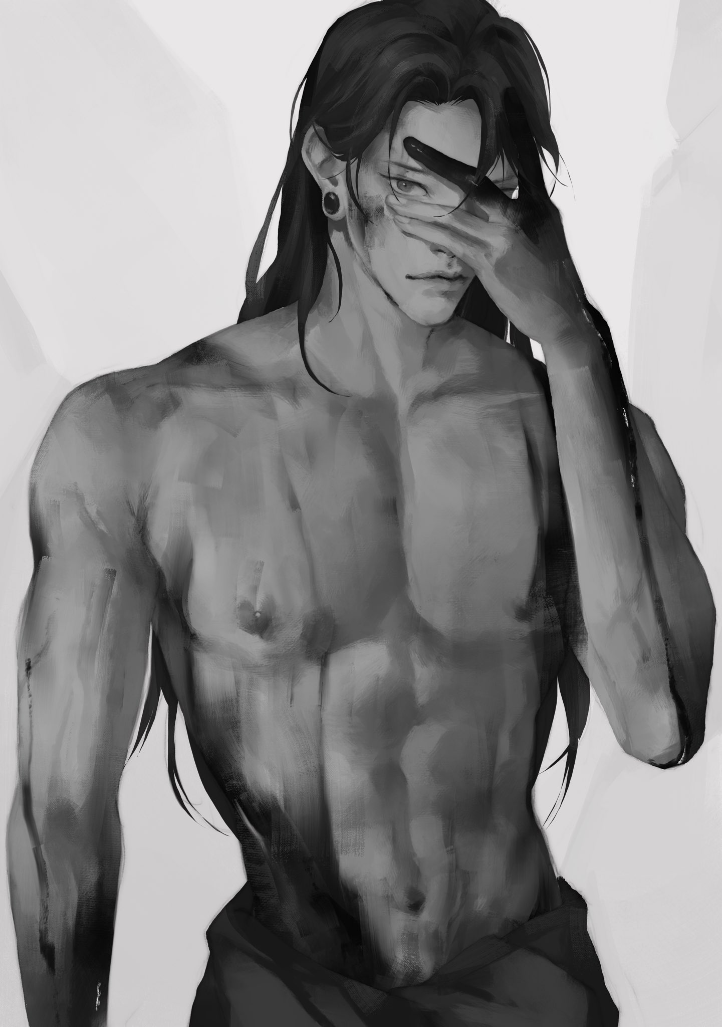  3aem, 1boy, abs, black and white, blood, jujutsu kaisen, male, male only, muscular, solo, solo male, suguru geto