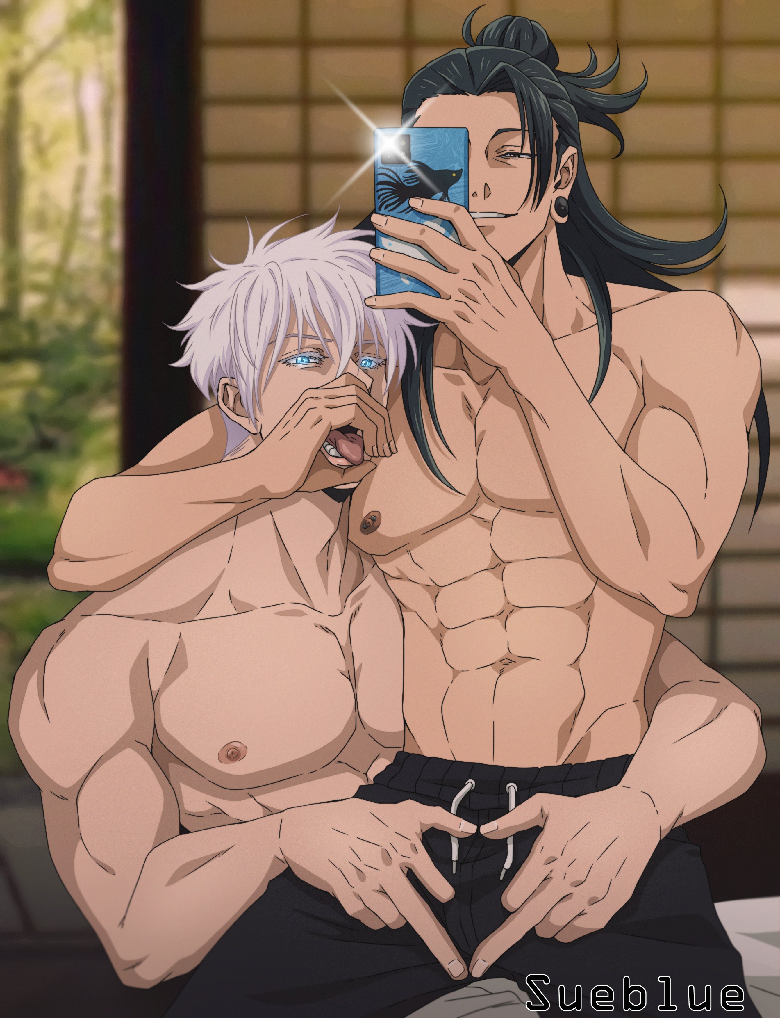 2boys, gay, jujutsu kaisen, male, male only, muscular, muscular male, satoru gojo, shirtless, shirtless male, sueblue, suguru geto, tagme, yaoi