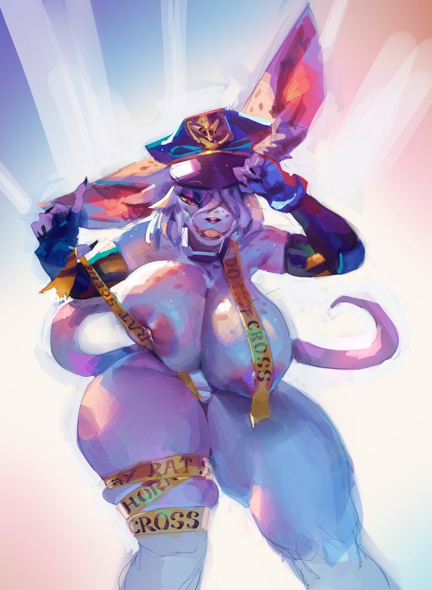 2d 2d_(artwork) anthro colorful cop fat_ass freckles_on_breasts freckles_on_ears freckles_on_face freckles_on_shoulders furry furry_female large_breasts naked officer_flint_(foretbwat) police_hat police_tape rat rat_tail red_eyes rodent white_fur wide_hips yellow_sclera