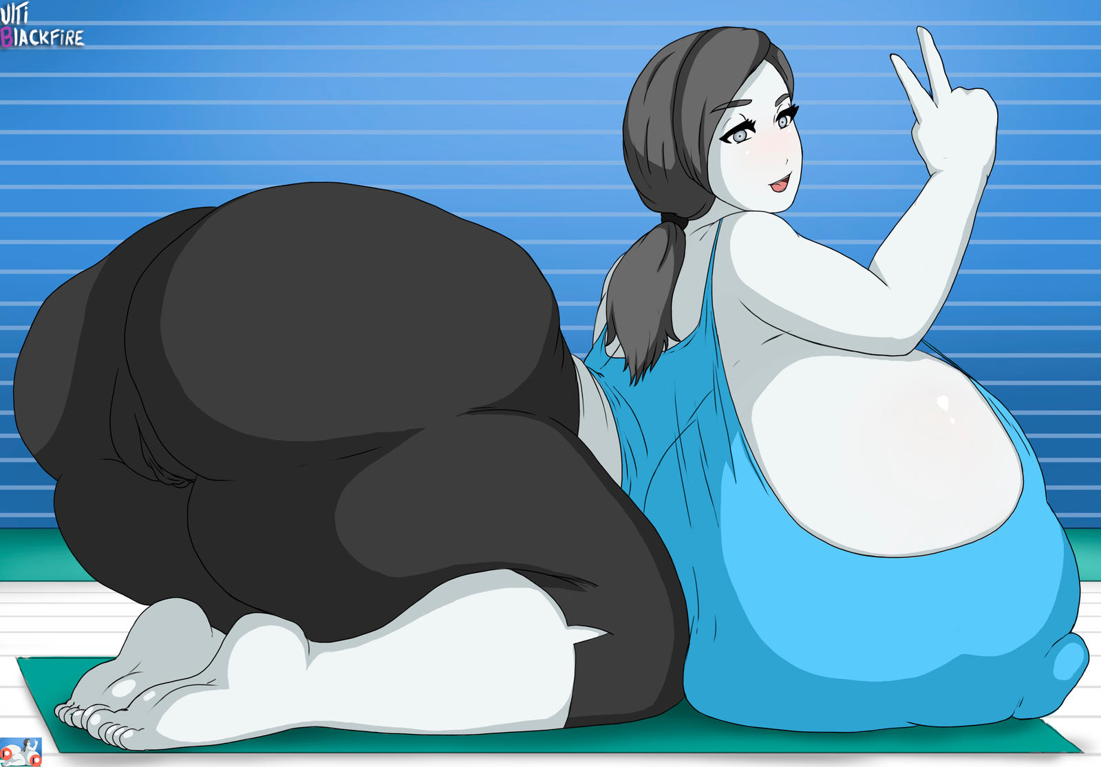 1girls, ass, big areola, big ass, big breasts, big butt, big nipples, black hair, breasts, female, female focus, female only, giant ass, giant breasts, grey eyes, grey skin, huge ass, huge breasts, looking at viewer, looking back, lying down, nintendo, nipples visible through clothing, smile, solo, super smash bros., ultiblackfire, victory pose, wii fit, wii fit trainer, wii fit trainer (female)