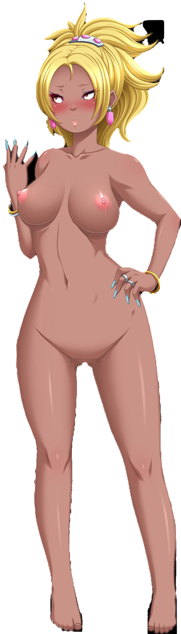 10s 1girls barefoot blonde_hair blue_nails blush bracelet breasts butcha-u censored curvy dark-skinned_female dark_skin earrings eyeshadow feet female female_focus female_only fingernails full_body gal game_cg groin gyaru gyaru_gal hand_on_own_hip highres himura_ai jewelry jutaijima kuro_gyaru large_breasts legs long_fingernails long_hair makeup mosaic_censoring nail_polish navel nipples nude png ponytail pussy red_eyes shiny_skin simple_background solo solo_female standing sweat thighs toes transparent_background transparent_png white_background