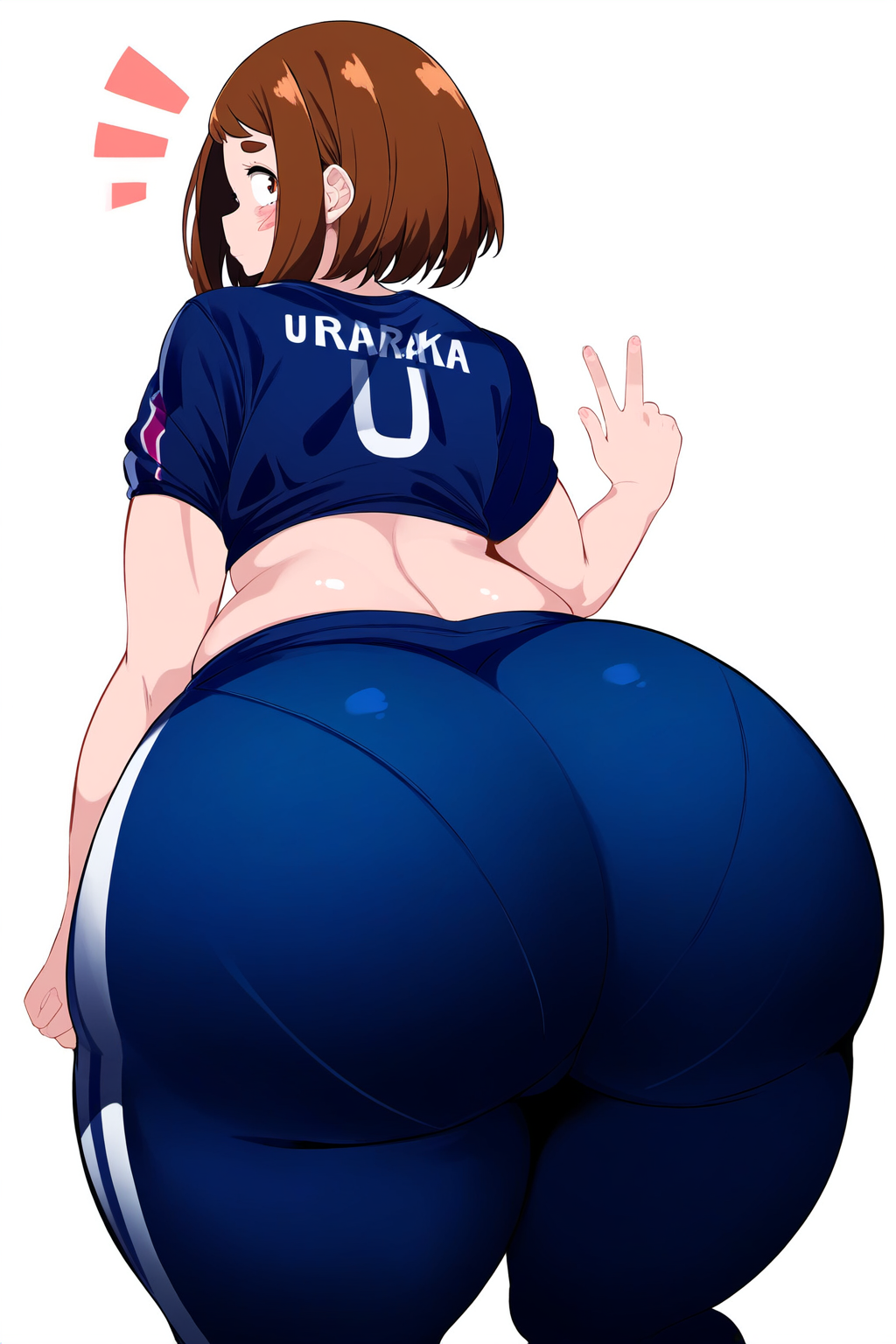 ai generated, ass, big ass, big butt, blush, fat ass, female, goldencum34, gym uniform, huge ass, my hero academia, ochako uraraka, peace sign, sports uniform, thick thighs, uraraka ochako, wide hips