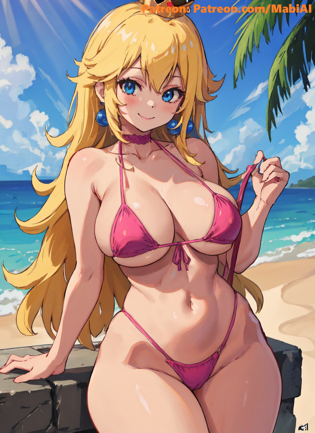 ai_generated aqua_eyes bare_shoulders beach big_breasts bikini blonde_hair blue_eyes blush cleavage crown earrings hi_res large_breasts mabi_ai mario_(series) midriff navel pink_bikini princess_peach swimwear thick_thighs undressing wide_hips