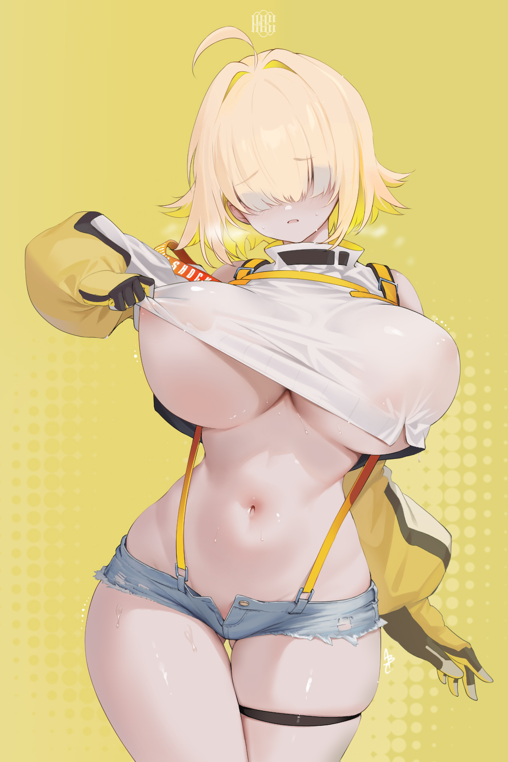 1girls, ahoge, ai generated, ass visible through thighs, bare shoulders, belly, belly button, blonde hair, blush, booty shorts, breasts, denim shorts, elegg (nikke), female, female only, fully clothed, gloves, goddess of victory: nikke, hair over eyes, hotpants, large breasts, midriff, navel, nipple bulge, nipple slip, nipples visible through clothing, open mouth, shirt lift, short shorts, shorts, skindentation, suspenders, sweatdrop, thick thighs, thigh strap, underboob, white body, white skin