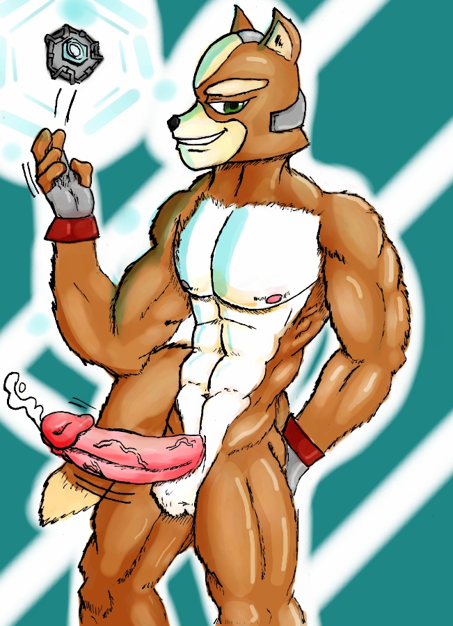 abs anthro brown_fur color cum erection fingerless_gloves fox fox_mccloud front_view fur furry furry_only gloves green_eyes k3rry male male_only nude open_eyes penis solo standing star_fox tagme testicles