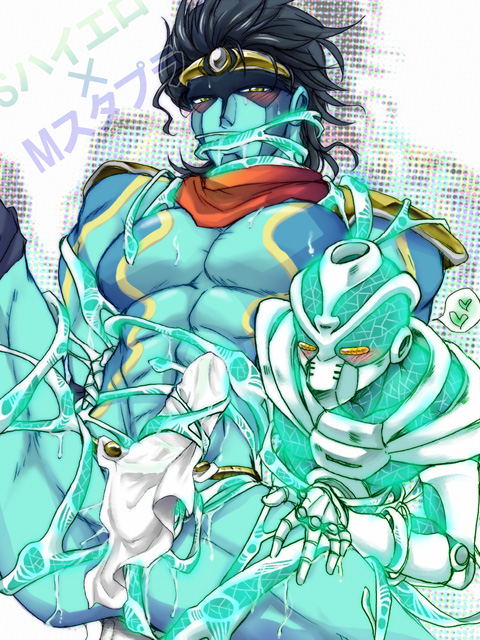 2boys blush enjoying_itself gay hierophant_green jojo's_bizarre_adventure legs_spread loincloth looking_at_another looking_at_viewer star_platinum stardust_crusaders tentacle_in_mouth tentacle_sex unknown_artist