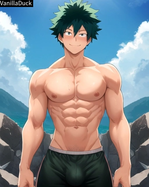 1boy abs ai_generated beach biceps blush boku_no_hero_academia buff bulge chest clouds deku green_hair happy izuku_midoriya male male_only muscle muscle_tone muscles muscular muscular_arms muscular_legs muscular_male muscular_thighs my_hero_academia nipples ocean pecs sea seaside shorts six_pack sky solo solo_focus solo_male strong sweat sweatdrop sweating sweaty sweaty_body vanilladuck water