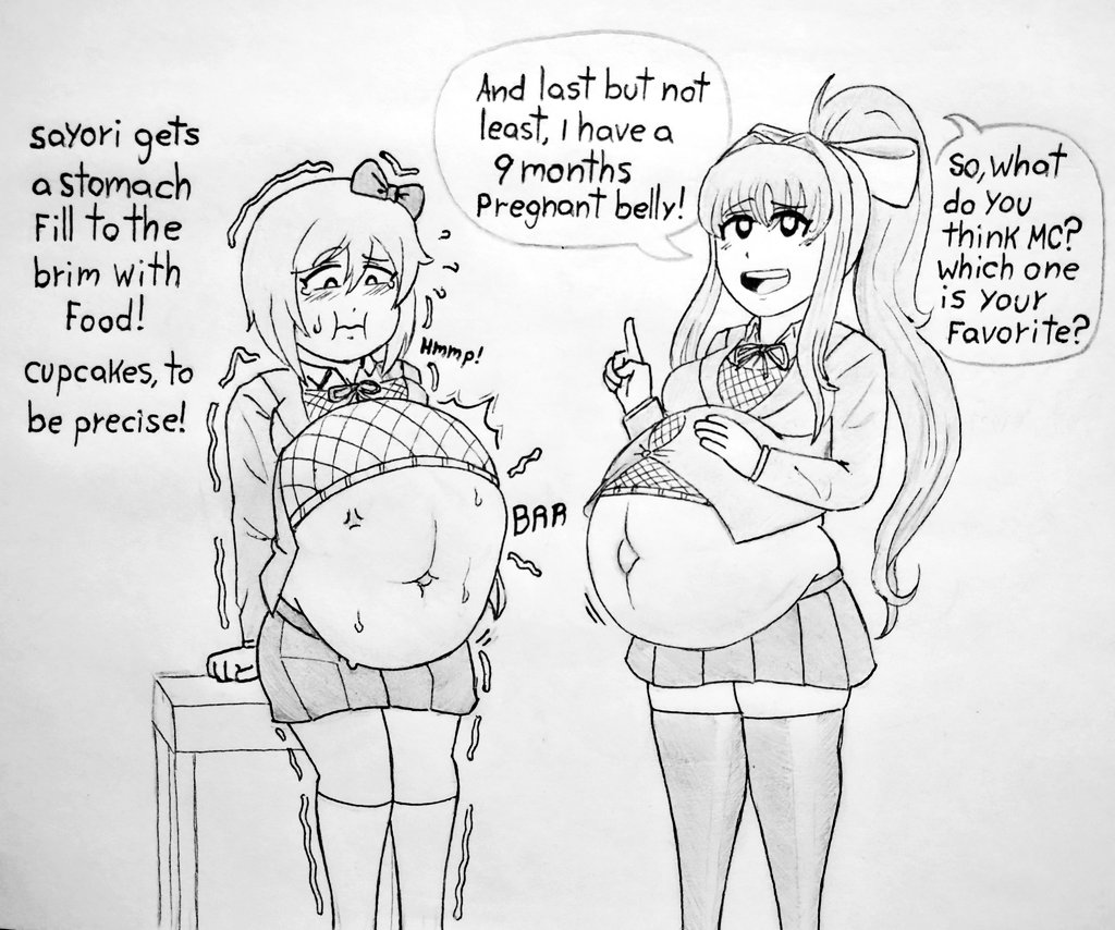 2girls belly_bulge belly_expansion big_belly bloated bloated_belly bloated_stomach bloated_tummy blush doki_doki_literature_club female female_only monika_(doki_doki_literature_club) navel outie_navel pregnant reality_warping ronic_lagann rumbling_stomach sayori_(doki_doki_literature_club) stuffed_belly text uncomfortable wardrobe_malfunction