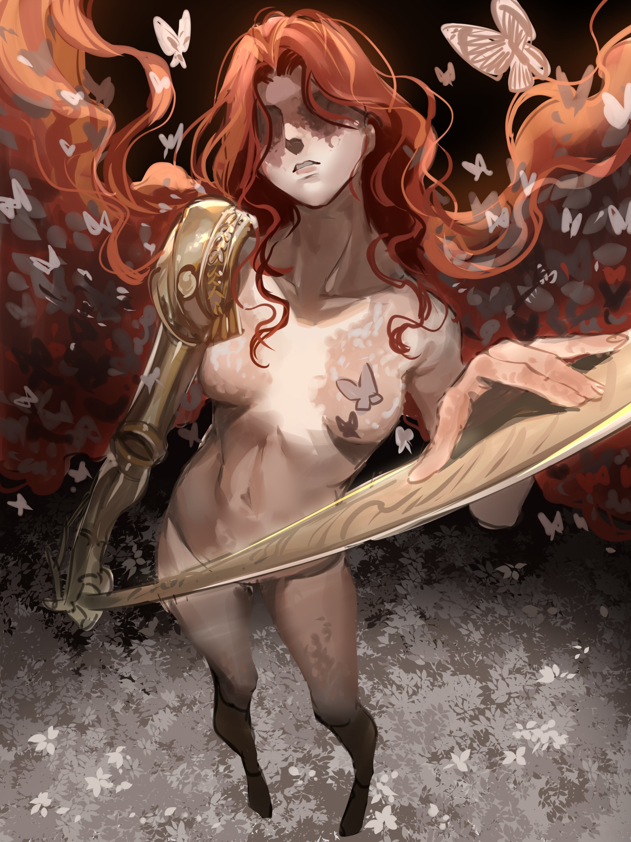 1girls, elden ring, female, female only, fromsoftware, hanny (uirusu chan), light skin, light-skinned female, long hair, malenia blade of miquella, milf, nude, red hair, standing, uirusu chan