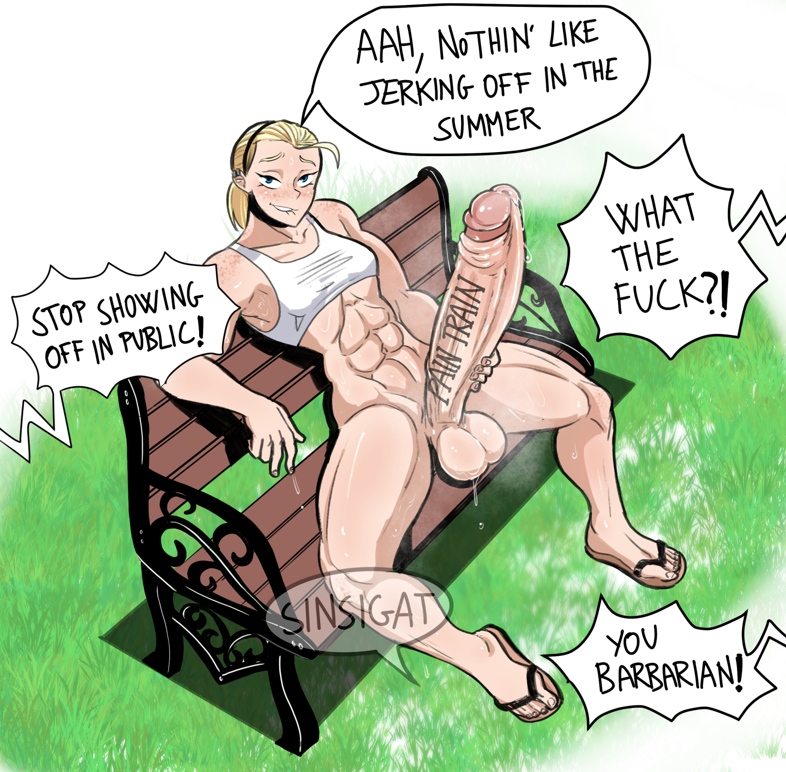 blonde hair, breasts, casual, dickgirl, dickgirl only, exhibitionism, feet, female, freckles, futa only, futa tomboy, futanari, huge cock, human, intersex, intersex only, large penis, light skin, light-skinned futa, looking at viewer, muscular, muscular futa, musk, musk clouds, original character, pale skin, penis, public, ripley (sinsigat), ripley schiumeat (sinsigat), sandals, sinsigat, small breasts, solo, solo futa, sweat, sweaty, tagme, tomboy, uncensored