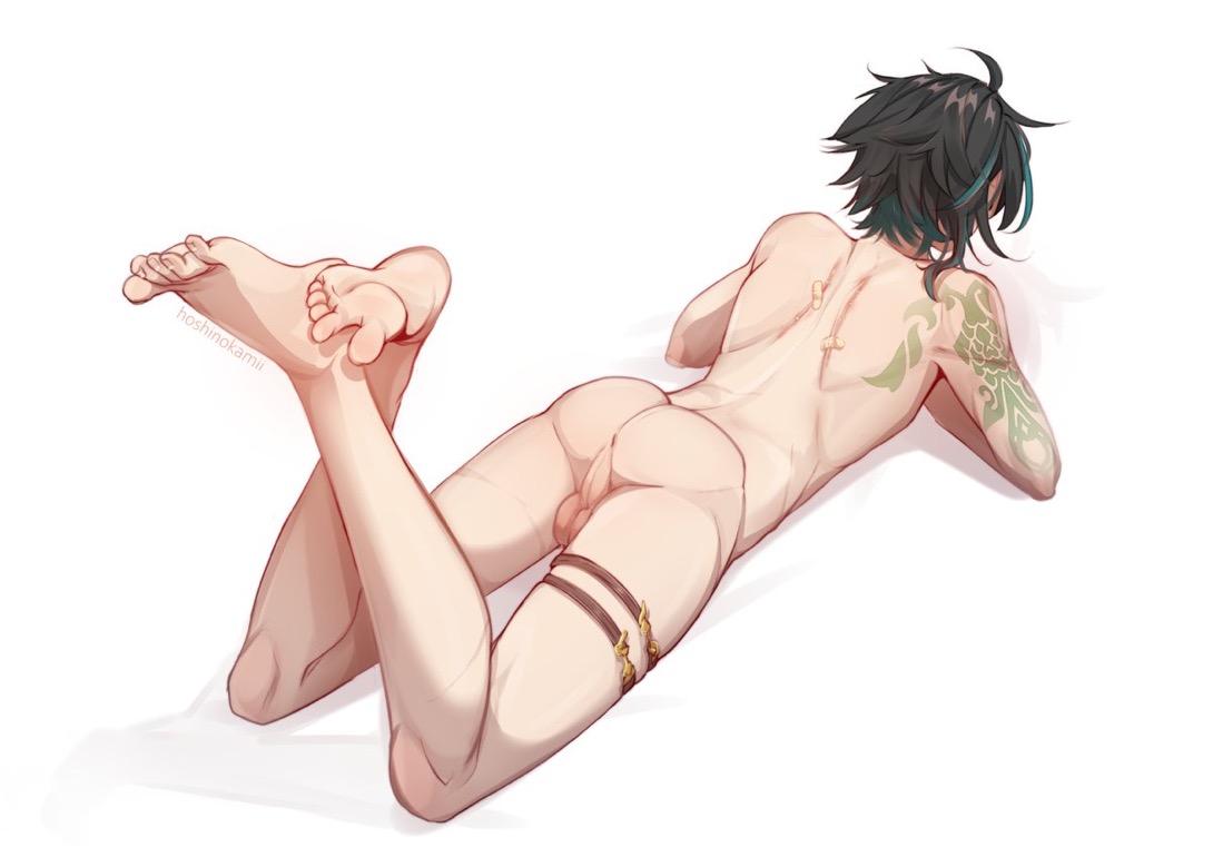 1boy, balls, bare ass, bare back, bare legs, barefoot, feet up, from behind, genshin impact, green hair, leg strap, legs up, lying on stomach, male, male only, naked, naked male, scars, scars on back, solo, solo male, tattoo, tattoo on arm, testicles, xiao (genshin impact)