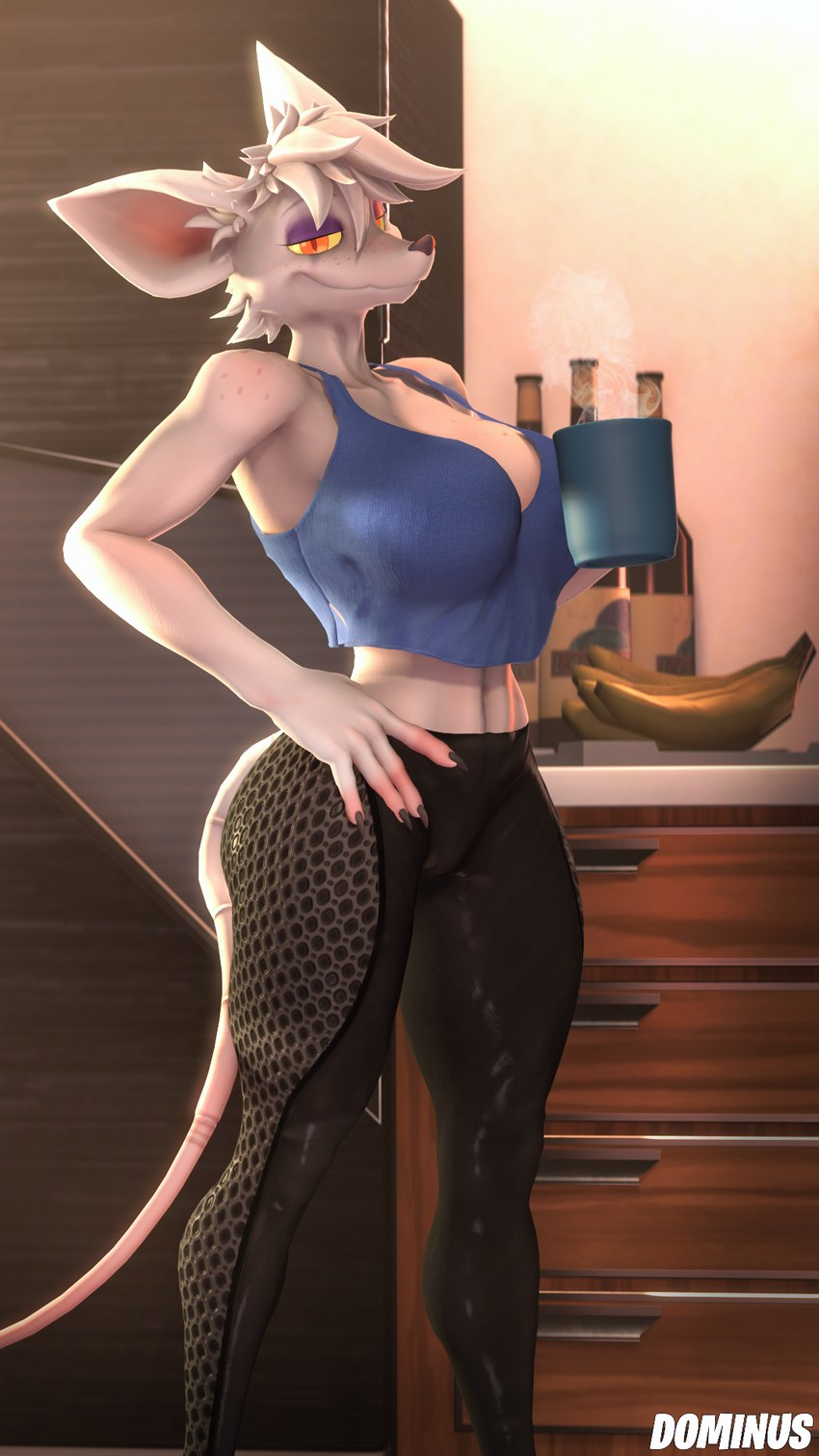 3d, anthro, banana, coffee, coffee mug, counter, domibun, eye contact, freckles on face, freckles on shoulders, furry, kitchen, looking at viewer, officer flint, officer flint (foretbwat), red eyes, smirking at viewer, workout clothes, yellow sclera
