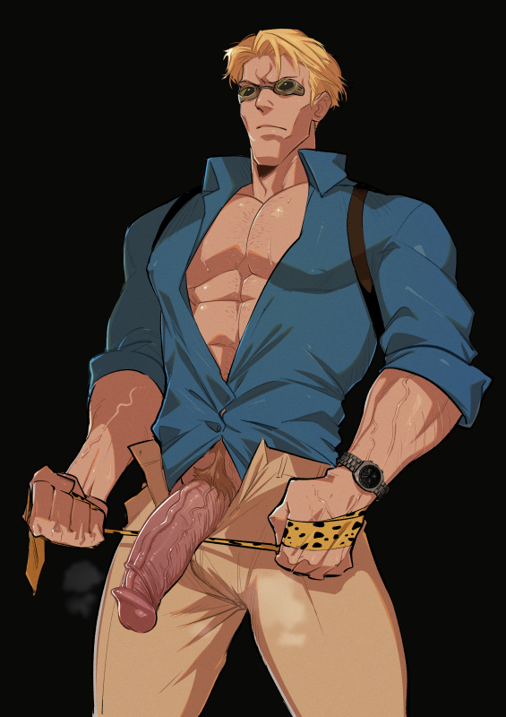 1boy, abs, big penis, blonde hair, body hair, boner, foreskin, foreskin folds, fully retracted foreskin, gay, gay male, half-erect, human, inner foreskin, jujutsu kaisen, kento nanami, kukumomo, male, male only, male pubic hair, masculine male, mature male, muscles, muscular, muscular male, open pants, pecs, penis, penis out, pubic hair, retracted foreskin, solo, uncircumcised, uncut, veiny penis, yaoi