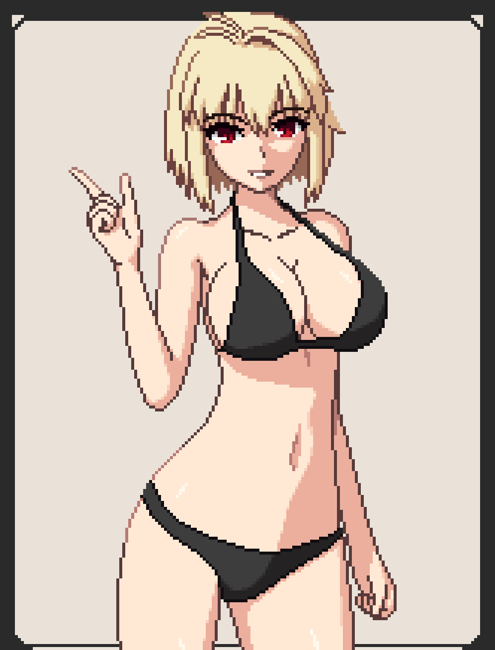 ahoge alternate_version_available arcueid_brunestud big_breasts bikini black_bikini blonde_hair breasts color female full_body huge_breasts legs looking_at_viewer melty_blood navel pixel_art posing red_eyes resting seiko093 smile top_heavy tsukihime type-moon vampire vampire_girl