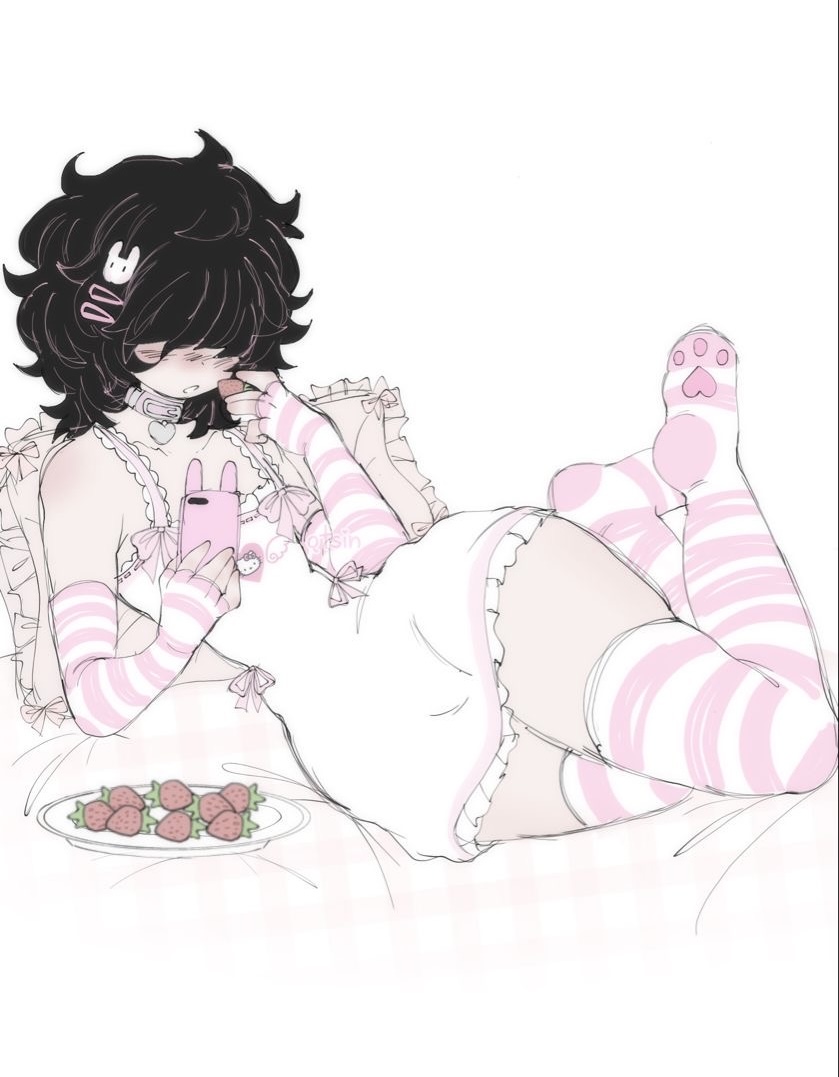 black_hair blush cat_thighighs eating femboy hair_covering_eyes phone_in_hand pillow pink_collar pink_dress qtsin strawberries unknown_character