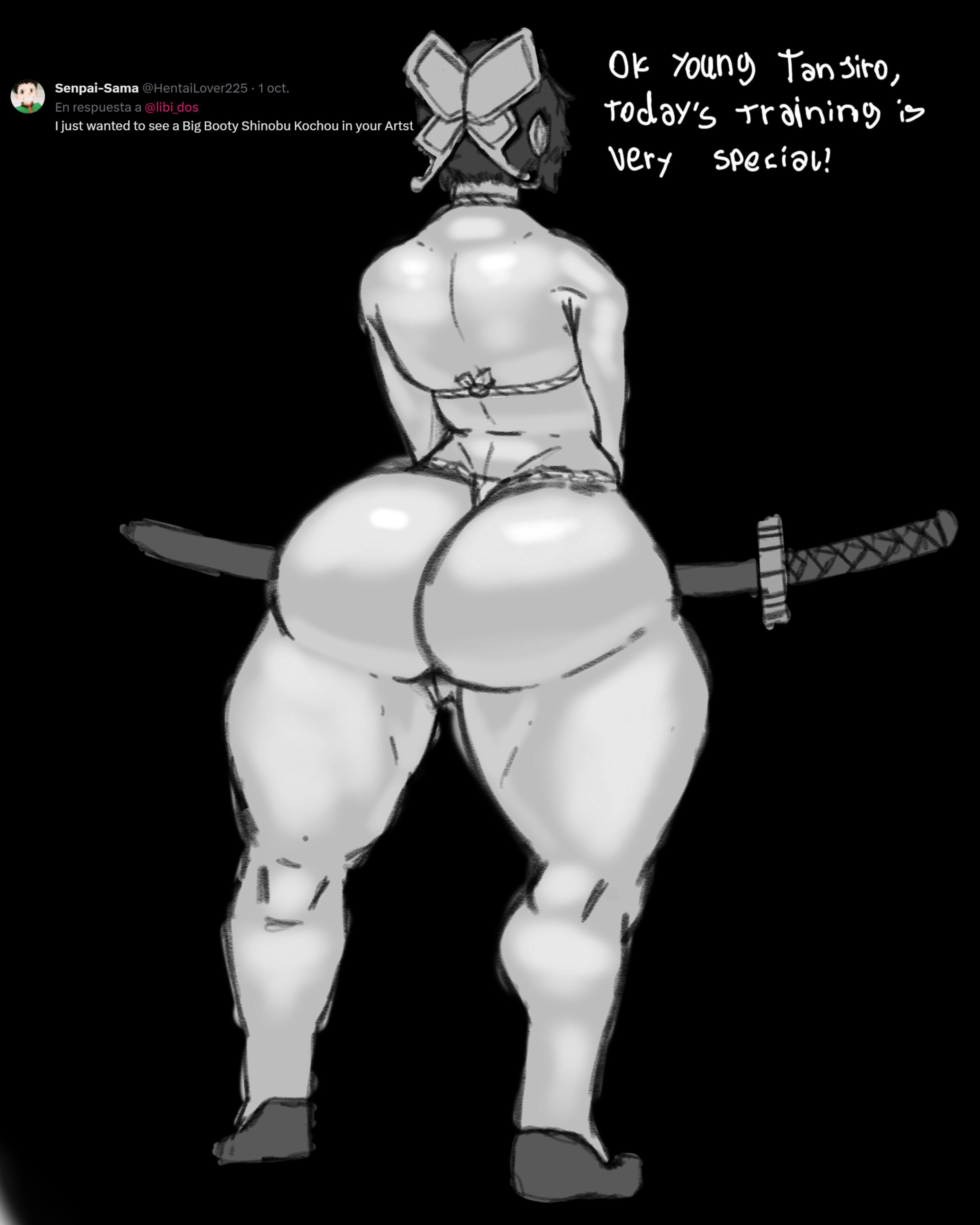 1girls, ass, ass focus, back, back view, big ass, big butt, big thighs, bottomless, clothed, clothing, demon slayer, female, huge ass, katana, kimetsu no yaiba, kochou shinobu, libi dos, muscular, muscular thighs, partially clothed, standing, text, thighs, waist
