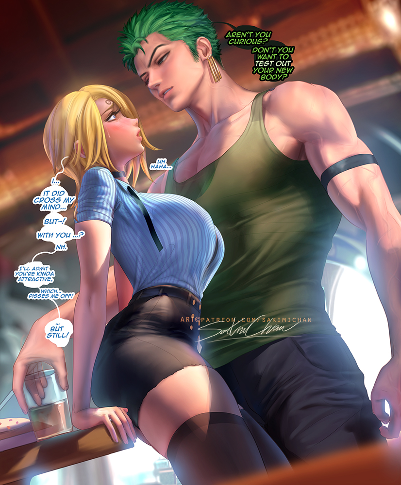 1boy 1girls against_table arm_support black_pants black_thighhighs blonde_hair blue_eyes blush breasts buttons collared_shirt curly_eyebrows drink earrings english_text female female_focus food genderswap_(mtf) green_hair green_tank_top hair_over_one_eye jewelry large_breasts lips looking_at_another male medium_hair muscular muscular_male necktie one_piece open_mouth pants roronoa_zoro rule_63 sakimichan shirt short_hair shorts speech_bubble straight sweatdrop tank_top text thick_thighs thighhighs thighs underwear veins vinsmoke_sanji zettai_ryouiki