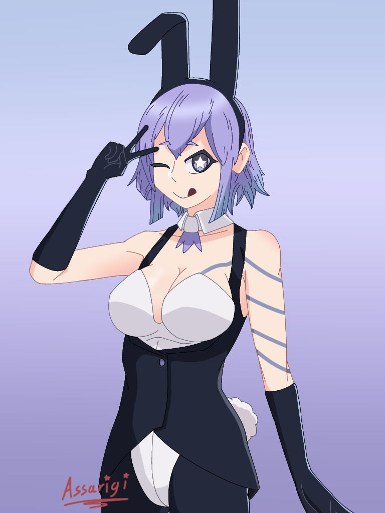 1girls :p assarigi blink blinking breasts bunny_costume bunny_ears bunny_girl bunny_tail bunnysuit busty devil_survivor devil_survivor_2 female female_focus female_only gloves happy happy_female megami_ibunroku_devil_survivor megami_tensei purple_eyes purple_hair shin_megami_tensei star_eyes tico tico_devil_survivor_2