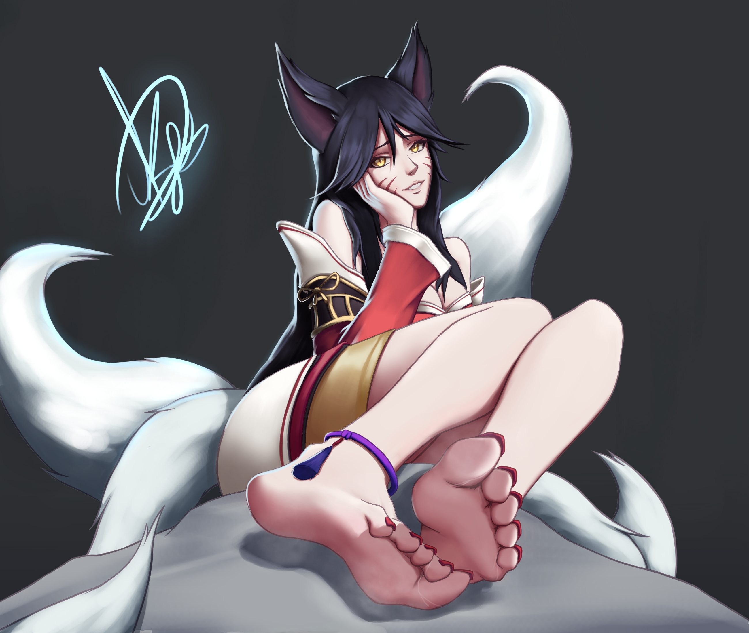 1girls, ahri, anklet, black hair, facial markings, female, foot fetish, foot focus, fox, fox ears, fox tail, kakifeet, league of legends, painted nails, painted toenails, solo, solo female, solo focus, tagme, yellow eyes
