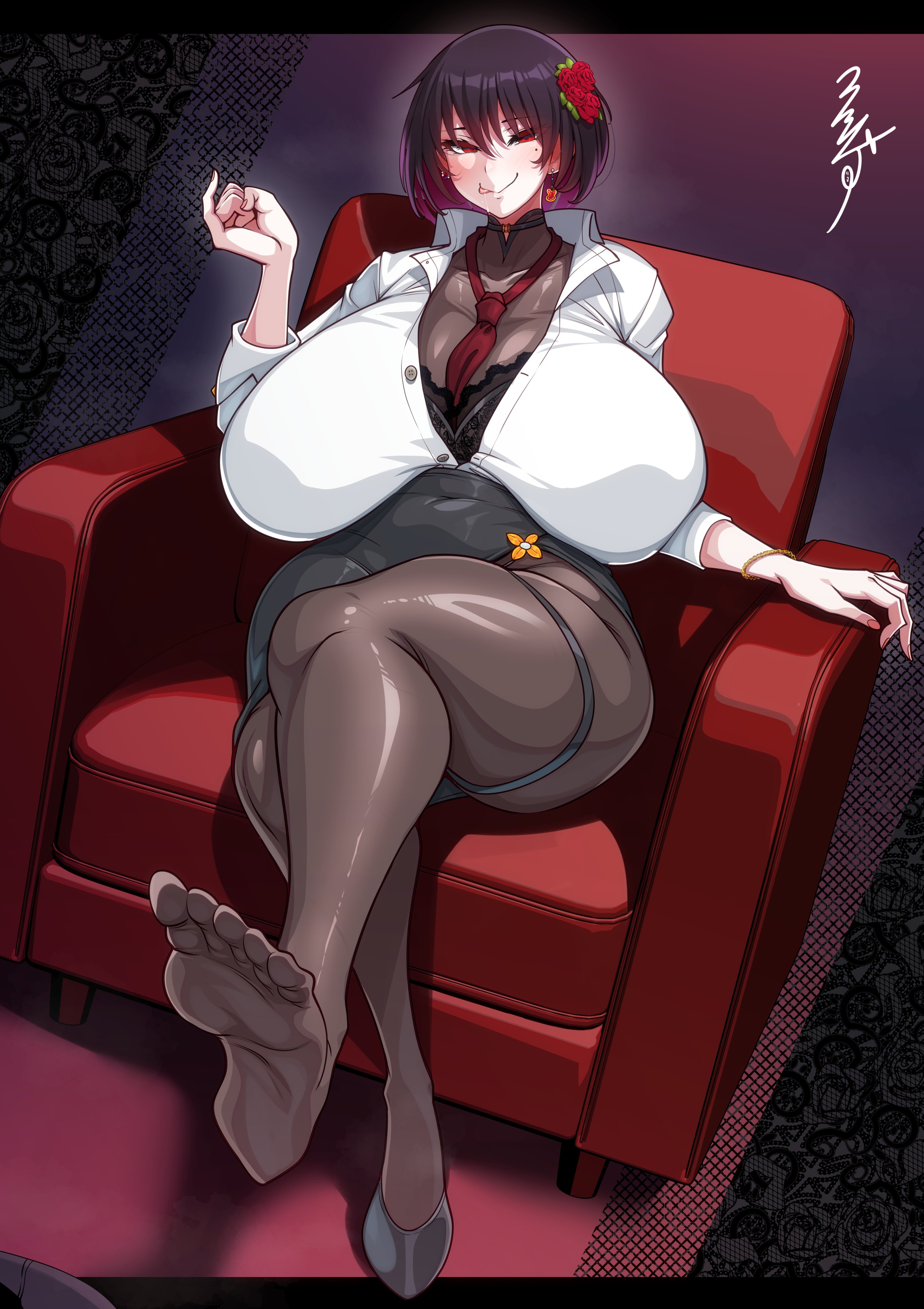 1girls, absurdres, black hair, blush, bob cut, bra, breasts, breasts apart, collarbone, collared shirt, curvy, earrings, female, female only, flower, foot focus, full body, gigantic breasts, hair flower, hair ornament, highres, huge breasts, jewelry, konoshige (ryuun), licking lips, looking at viewer, mole, mole under eye, necktie, office lady, original, pantyhose, pencil skirt, plump, purple hair, red eyes, ryuun (stiil), shirt, short hair, signature, sitting, skirt, smile, solo, thick thighs, thighs, tongue, tongue out, underwear, wide hips