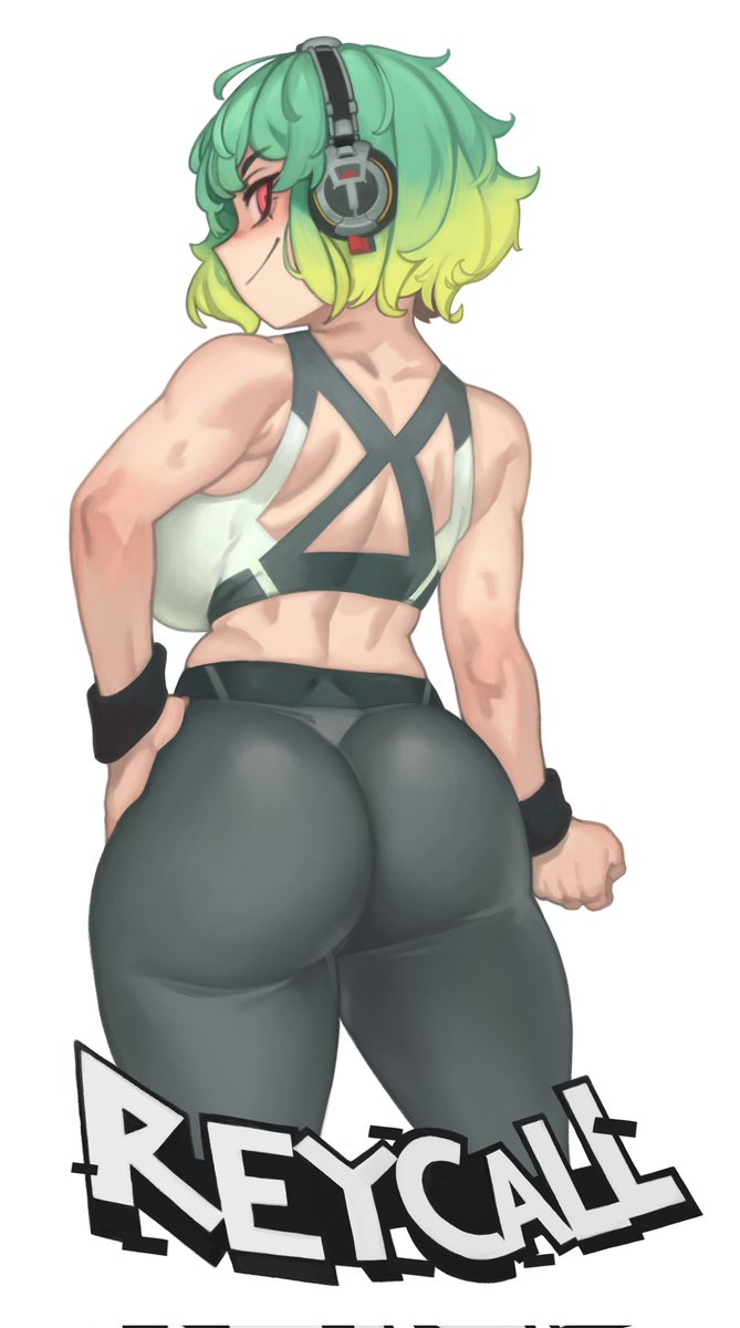 1female 1girl 1girls ass back_view big_ass big_breasts fat_ass female female_focus female_only green_hair gym_clothes gym_shirt gym_uniform headphones highres indie_virtual_youtuber kelvin_hiu looking_at_viewer looking_back original original_character red_eyes reycall_sounds smiling smiling_at_viewer sports_bra virtual_youtuber wrist_cuffs wristband yoga_pants