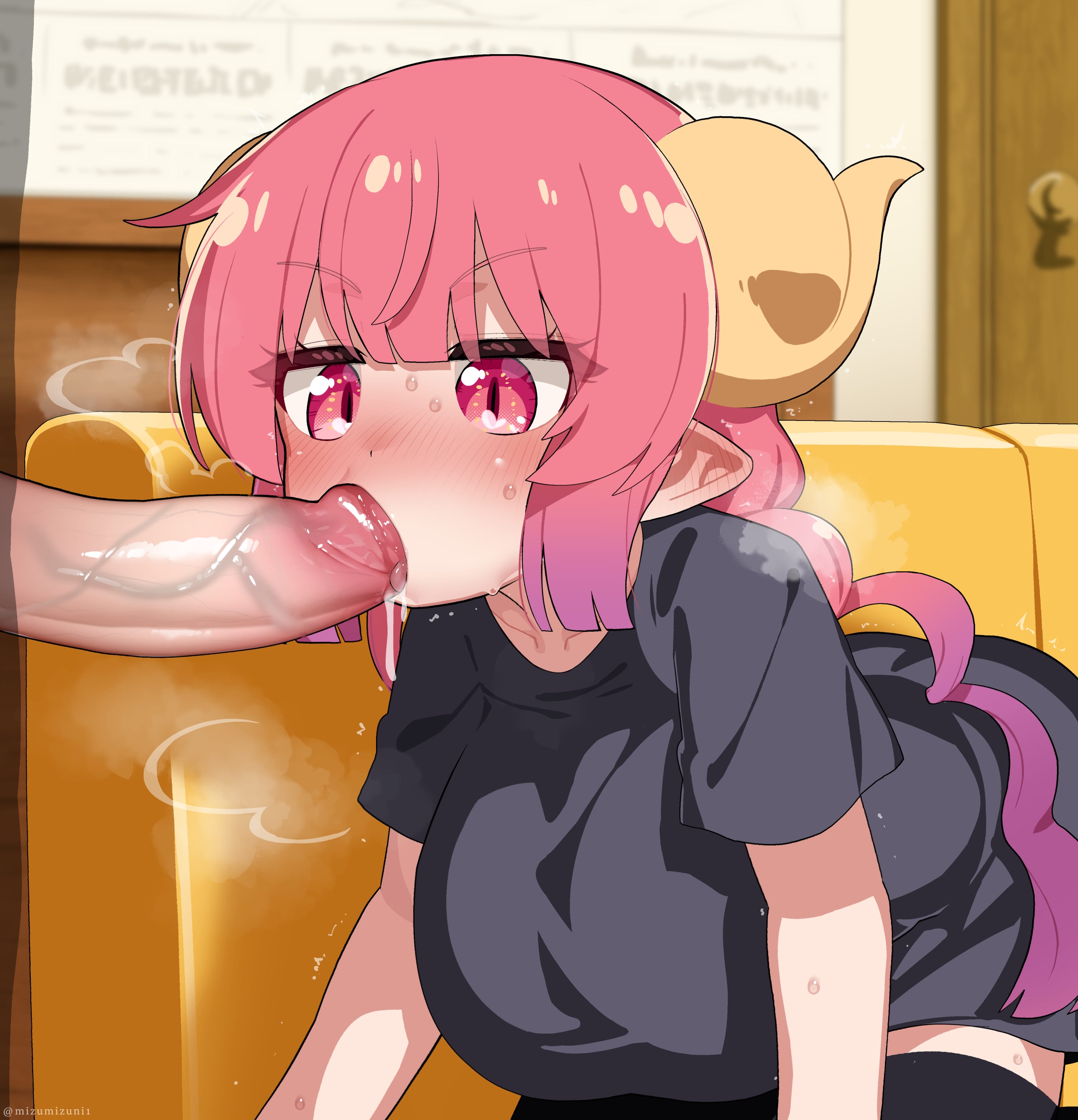 ^^^, 1boy, absurdres, all fours, anime style, black shirt, black thighhighs, blush, breasts, couch, decensored, dragon girl, dragon horns, ear blush, erection, fellatio, female, gradient hair, heart, heart in eye, heavy breathing, highres, horns, ilulu (dragon maid), ilulu (maidragon), indoors, just the tip, kobayashi-san chi no maidragon, male, miss kobayashi's dragon maid, mixed-language commentary, mizumizuni, multicolored hair, nose blush, on couch, oral, paid reward available, penis, pink eyes, pink hair, pointy ears, purple hair, saliva, shirt, short sleeves, slit pupils, solo focus, straight, sweat, symbol in eye, thighhighs, twintails, uncensored, variant set, veins, veiny penis, yellow horns