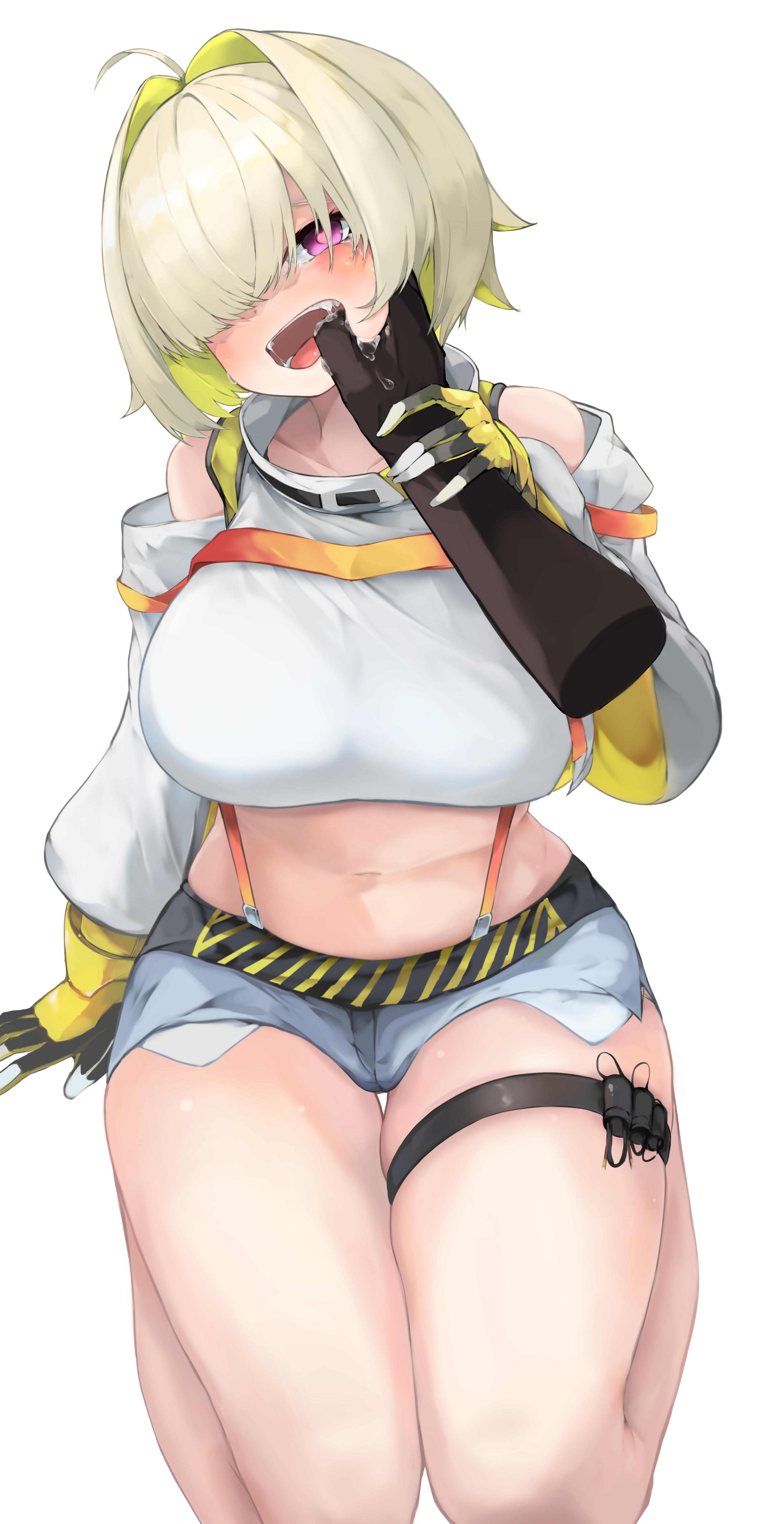 1girls, ahoge, belly, belly button, blonde hair, blush, breasts, disembodied hand, elegg (nikke), female, finger in mouth, fully clothed, goddess of victory: nikke, hair over eyes, heart-shaped pupils, large breasts, midriff, oerba yun fang, purple eyes, saliva, tears, thick thighs, white background
