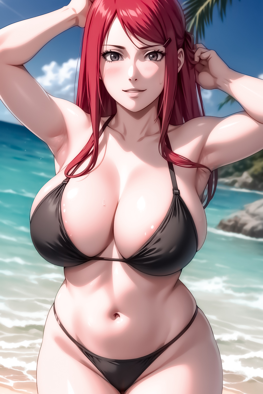 1girls, ai generated, beach, big breasts, bikini, bikini bottom, bikini top, breasts, breasts bigger than head, cleavage, female, female focus, hair ornament, hairclip, huge breasts, kisara146, large breasts, light skin, light-skinned female, long hair, looking at another, looking at viewer, mature, mature female, milf, nai diffusion, naruto, naruto (series), naruto shippuden, pale skin, pale-skinned female, red hair, sagging breasts, seaside, shiny, shiny hair, shiny skin, slightly chubby, solo, stable diffusion, swimsuit, thick thighs, thighs, uzumaki kushina, very long hair, voluptuous, voluptuous female, wide hips