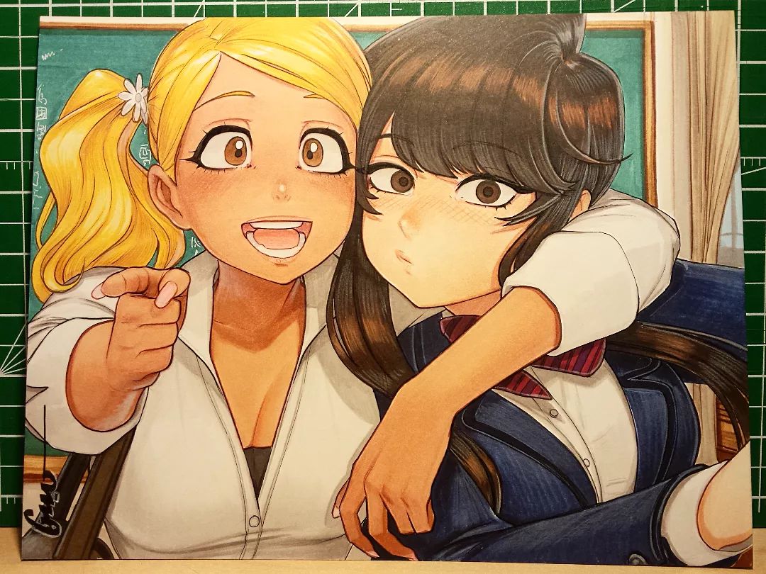 2girls :d arm_around_shoulder blazer blonde_hair blush breasts brown_eyes brown_hair chalkboard classroom cleavage collarbone cutting_mat dark-skinned_female dark_skin female fingernails gyaru heads_together indoors jacket komi-san_wa_komyushou_desu komi_shouko long_fingernails looking_at_viewer manbagi_rumiko marker_(medium) medium_breasts multiple_girls omar_dogan open_mouth photo_(medium) pointing sanpaku school_uniform shirt signature smile tan traditional_media white_shirt