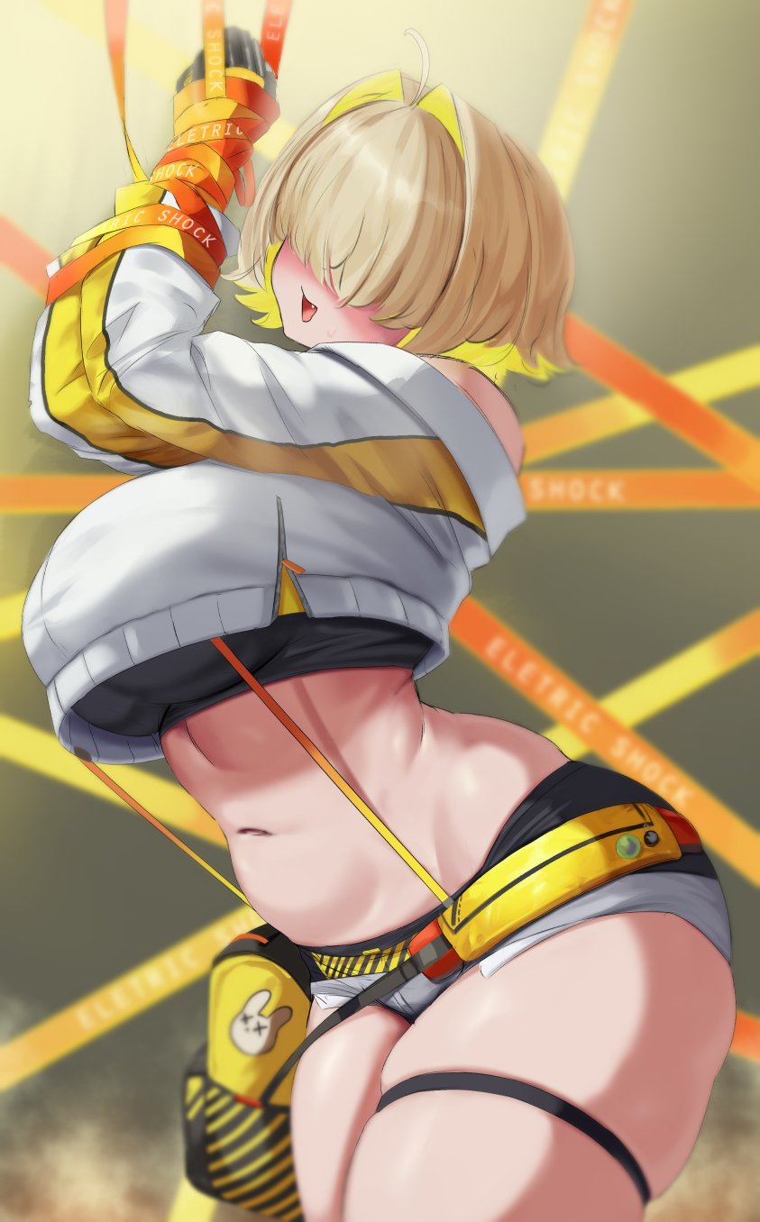 1girls ahoge blonde_hair blush booty_shorts cute_fang elegg_(nikke) female female_only goddess_of_victory:_nikke hair_over_eyes jacket midriff pale-skinned_female pale_skin reilong restrained_wrists short_shorts shorts shoulder_length_hair suspenders thick_thighs thigh_strap thighs two_tone_hair underboob